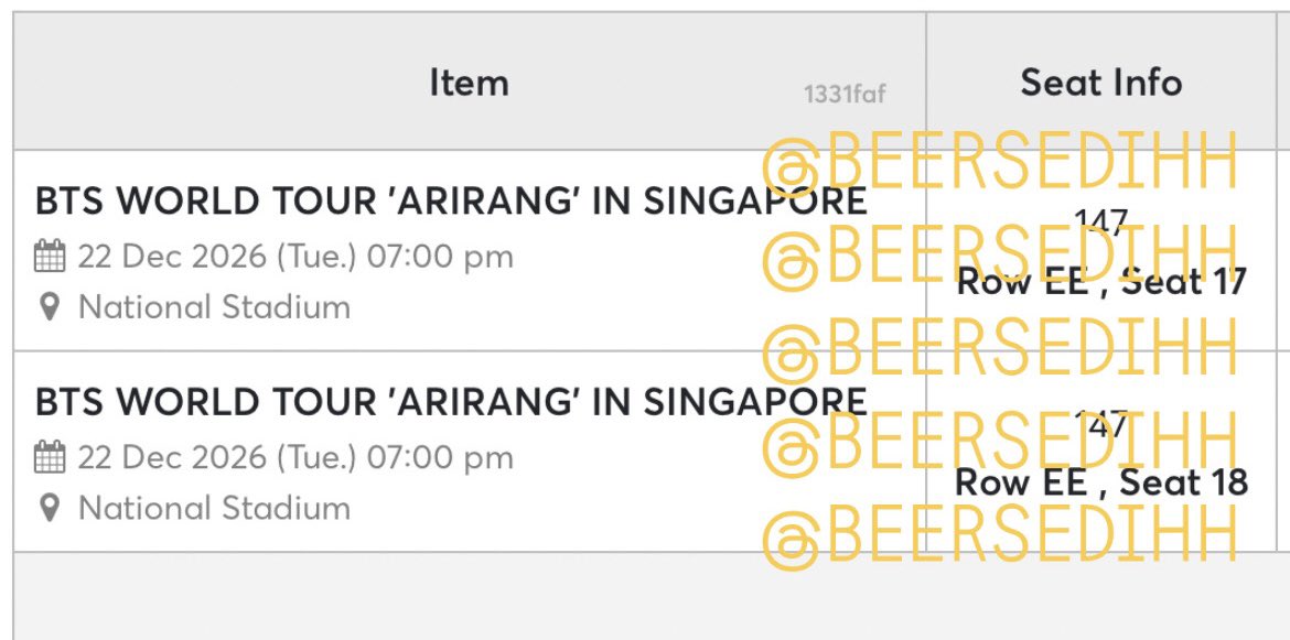 beersedihh's tweet photo. [WTS BTS ARIRANG IN SG SINGAPORE]

CAT 3 (2 TIX)
22 December 2026 — Last Day

Selling on normal price based on buying exchange rate. No markup, just selling because i got tickets for Jakarta instead.

DM for details🫶🏼

#WTS #BTS_ARİRANG #BTSinSG https://t.co/DiyvuRQWYT