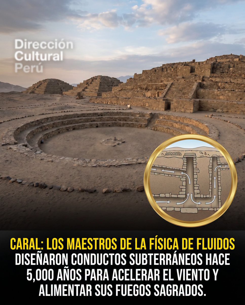 EDICIONESREGION's tweet photo. REPORTE CIENTÍFICO OFICIAL:
El principio físico que mantuvo vivo el fuego sagrado de Caral.

Hace más de 5,000 años, mientras en el resto del mundo las civilizaciones nacientes levantaban murallas para protegerse de las guerras, la Ciudad Sagrada de Caral en Lima crecía en absoluta paz, basando su poder en el intercambio comercial y la ciencia.

Uno de sus mayores logros fue el dominio de la física de fluidos.
Para mantener el fuego sagrado de sus altares encendido de forma perpetua, los ingenieros de Caral diseñaron conductos subterráneos de ventilación que se estrechaban justo antes de llegar al fogón.

Este diseño real aplica lo que la ciencia moderna conoce como el "Efecto Venturi":
Al reducir el espacio, el viento del desierto se aceleraba con fuerza de forma natural, inyectando oxígeno puro al fuego sin necesidad de usar fuelles humanos.
Una genialidad física milenaria.

DireccióncCultural Perú