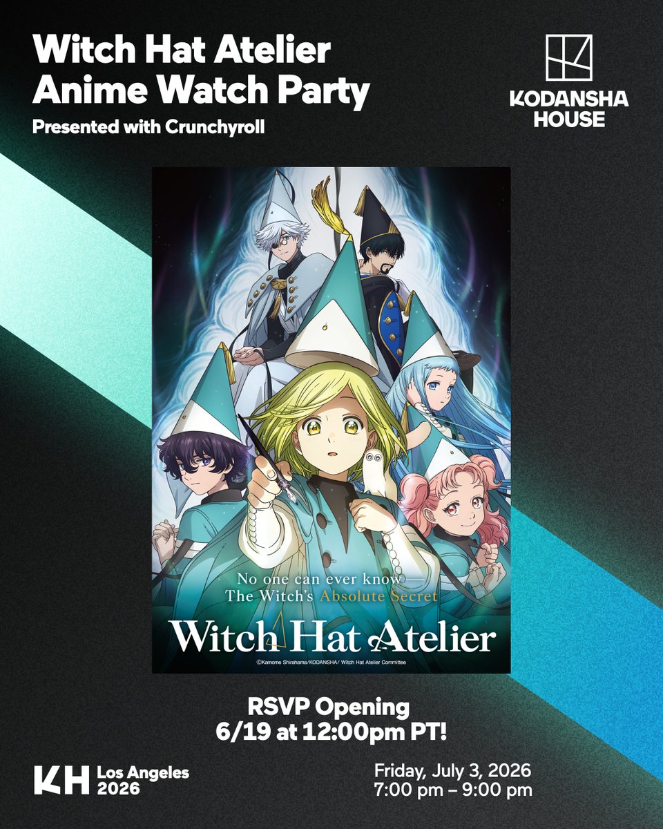 KodanshaManga's tweet photo. #KodanshaHouse LA will be hosting a #WitchHatAtelier watch party, with a guest appearance from author Kamome Shirahama as well as Coco and Qifrey's Japanese VAs!

RSVPs for the event open today at 12:00 pm PT on 6/19. Spots are limited - see https://t.co/4OBaE2xfO3 for more info. https://t.co/ts2OMURTUQ