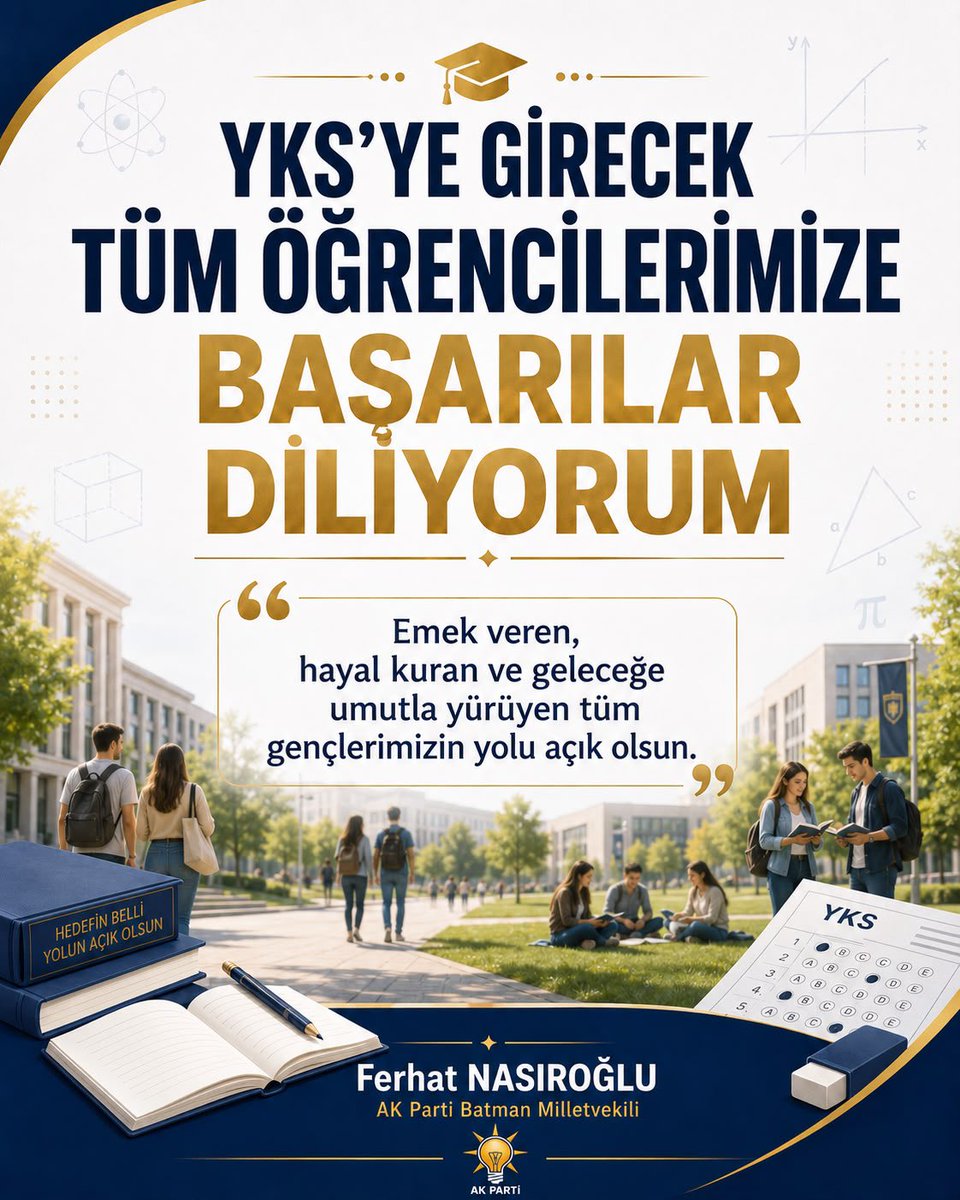 fnasiroglu's tweet photo. Cumartesi ve Pazar günü gerçekleştirilecek YKS’ye girecek tüm gençlerimize başarılar diliyorum.

Aylar süren emek, sabır ve gayretlerinin karşılığını almalarını temenni ediyor; Rabbimden tüm öğrencilerimize zihin açıklığı, kolaylık ve başarı nasip etmesini diliyorum.

Tüm gençlerimizin yolu, bahtı ve geleceği açık olsun inşallah.