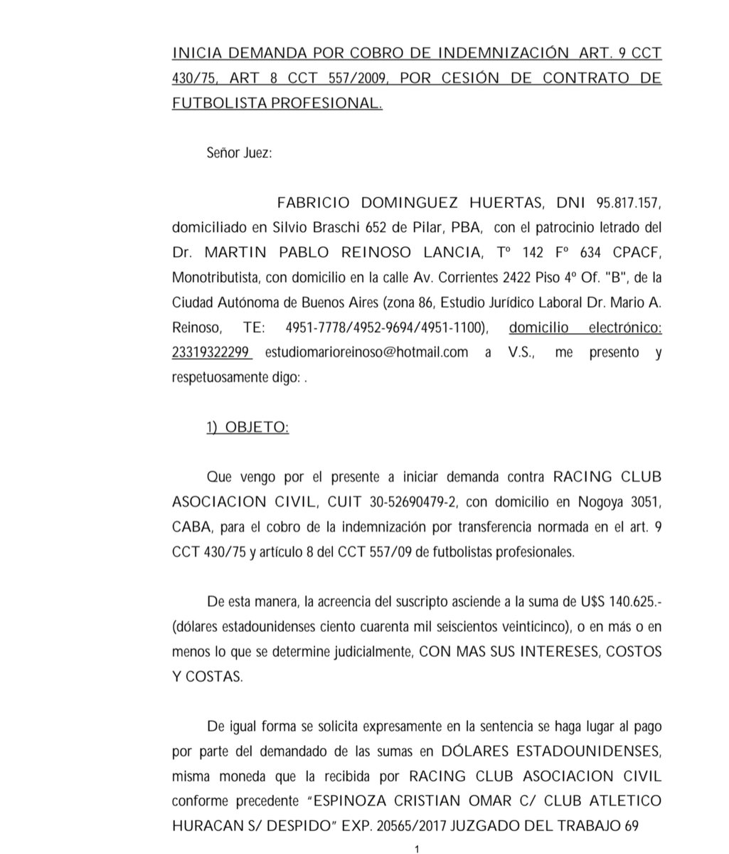 LeandroAdonio's tweet photo. 🚨 Fabricio Domínguez demandó a #Racing por el cobro de la indemnización prevista en el artículo 9 del CCT de Futbolistas Profesionales.

👉 Según la presentación judicial, el ex jugador reclama USD 140.625 correspondientes al 15% de la transferencia al Sport Club do Recife de Brasil 🇧🇷, realizada en diciembre de 2024.

ℹ️ Domínguez sostiene que #Racing percibió los pagos por la operación, pero nunca depositó el monto que le correspondía en Futbolistas Argentinos Agremiados. Por ese motivo inició acciones legales contra el club, reclamando además intereses y costas.