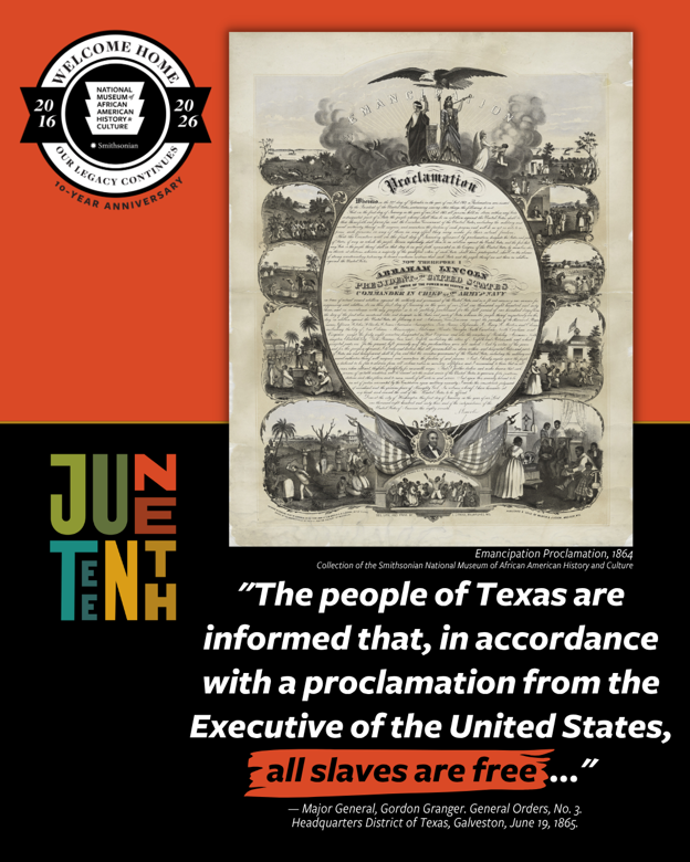 TroyVincentSr's tweet photo. On June 19, 1865, 2 years after President Abraham Lincoln signed the Emancipation Proclamation, Union troops arrived in Galveston Bay and announced that the more than 250,000 enslaved black people in Texas were free by executive decree.

Juneteenth has always been more than a holiday. The day stands as a testament to and celebration of the unyielding spirit of a people.

Learn more and join in the celebration with @NMAAHC: https://t.co/FHvy5N1dXR