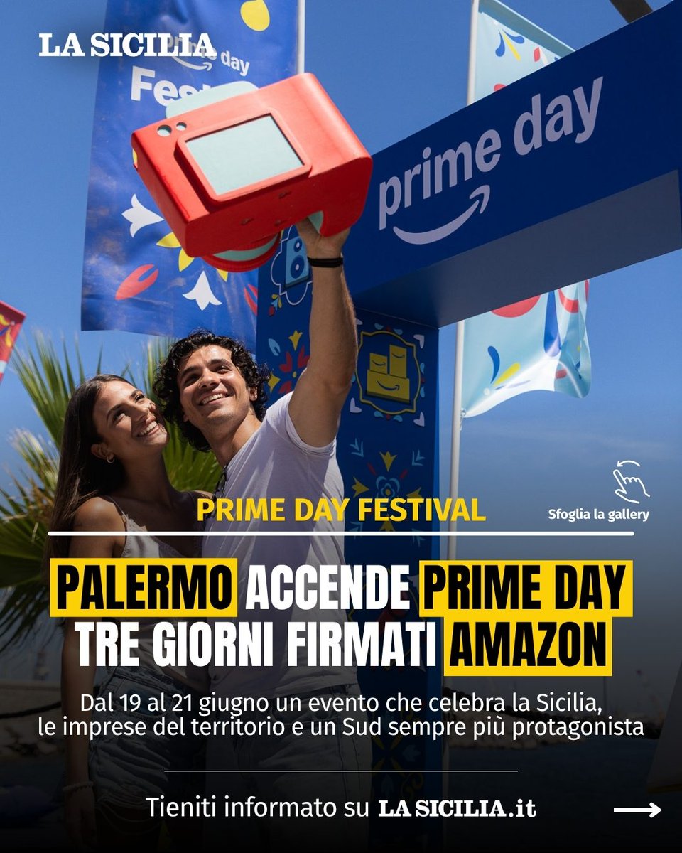 lasicilia's tweet photo. Palermo accende #PrimeDay ✨

Dal 19 al 21 giugno, la cornice del Nauto al Foro Italico diventa il cuore di #PrimeDayFestival: tre giorni aperti al pubblico tra offerte Prime Day, benefici Prime, Made in Italy, musica live, incontri letterari e DJ set.

Un evento firmato https://t.co/d8oE4tPyuD che celebra la Sicilia, le imprese del territorio e un Sud sempre più protagonista tra innovazione, digitale ed energia rinnovabile.

📍Nauto, Foro Italico – Palermo

#PrimeDayFestival