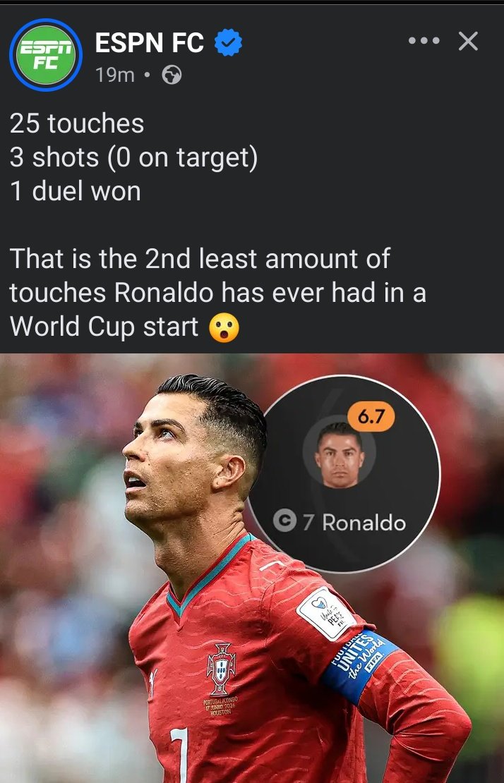 fabiasoft's tweet photo. The same scenario is playing out with Portugal. Last World Cup in Qatar he was benched the reason, well you know his criticism of Manchester United caused a global buzz and it became a distraction. 

And Morocco sent them packing, CR7 isn't disrespecting technically, he should have known when his time was due or his spot was debatable, Portugal has what it takes to compete and win this World Cup, but ego and personal locker room issues have even jeopardised their chances in the beginning stages of the new format World Cup. 

Ronaldo has not been at his best form, even in the Saudi League, he should encourage and set the model for a stronger possibility with his team, his time is due, he shouldn't have to exit the Portuguese Jersey in such fracas and ego game! Football isn't politics it's results and statistics, of which he's not giving Portugal in the World Cup. 

So, He should be benched and inspire the team, the games are more in his world, his time will come, and the team will eventually depend on him as they progress in the stages. 
It's what it is. In such a time as this, for Messi, he had to retire to return with the good coaching ideas and team spirit that have made them unbeatable with almost an average team. 

#worldcup FIFA  Ronaldo!