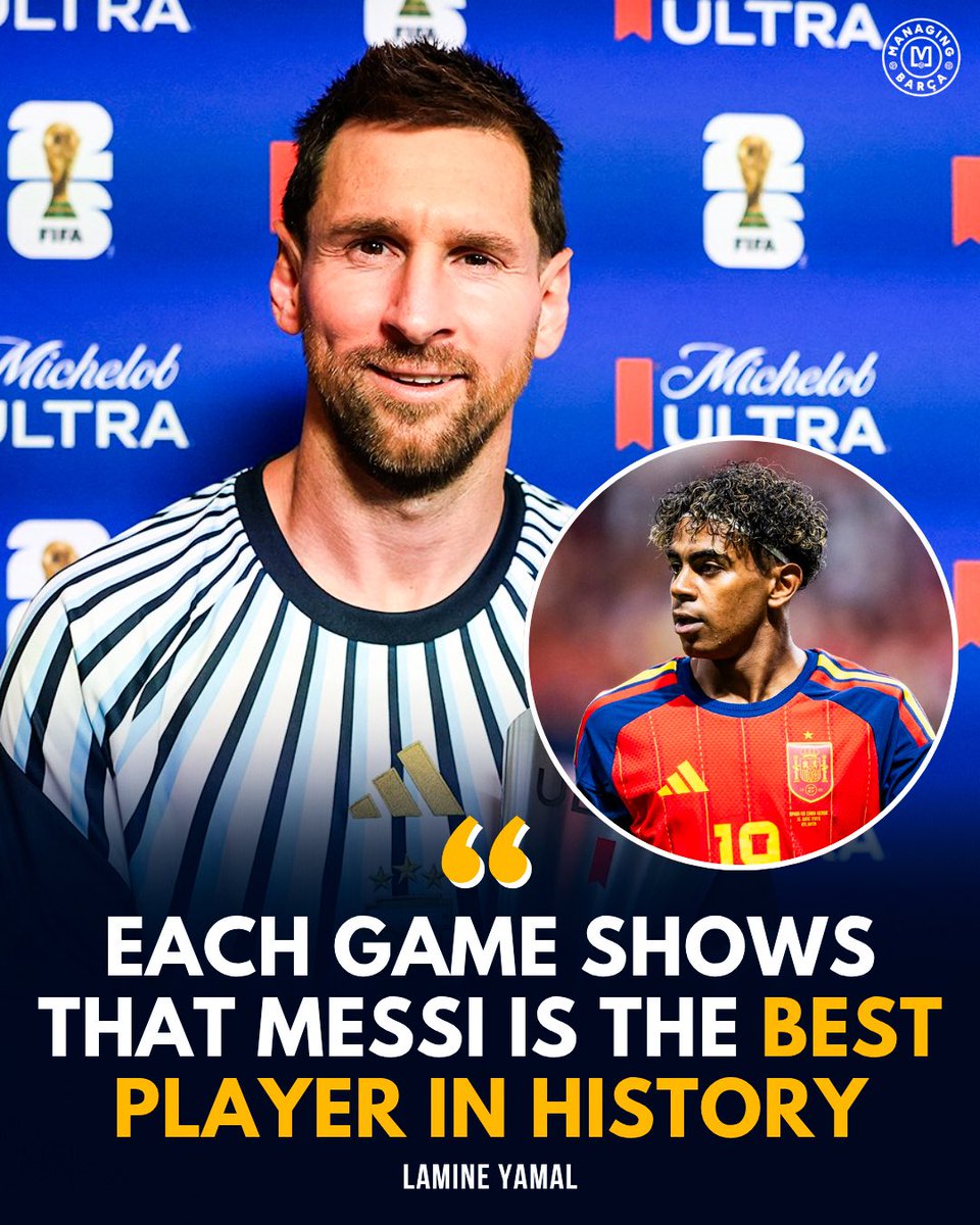 ManagingBarca's tweet photo. 🚨🗣️ Lamine Yamal: “Messi’s hat-trick? Each game shows that he is the best player in history. If someone has doubts, it’s because they’re purposely trying to looking for them. There is nothing more to say. My idol is Neymar, but Messi is the best ever.” ⭐️🐐

“Facing Argentina? In the end to win the World Cup, you have to beat the best. If we don’t meet them in the round of 16, maybe in the final, but we are Spain and we want to play against the best.”