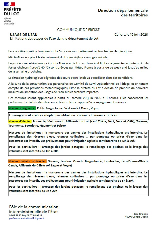 Image de Préfète du Lot - #Eau | Communiqué de presse relatif aux restrictions d'usage de l'eau dans le département du Lot.