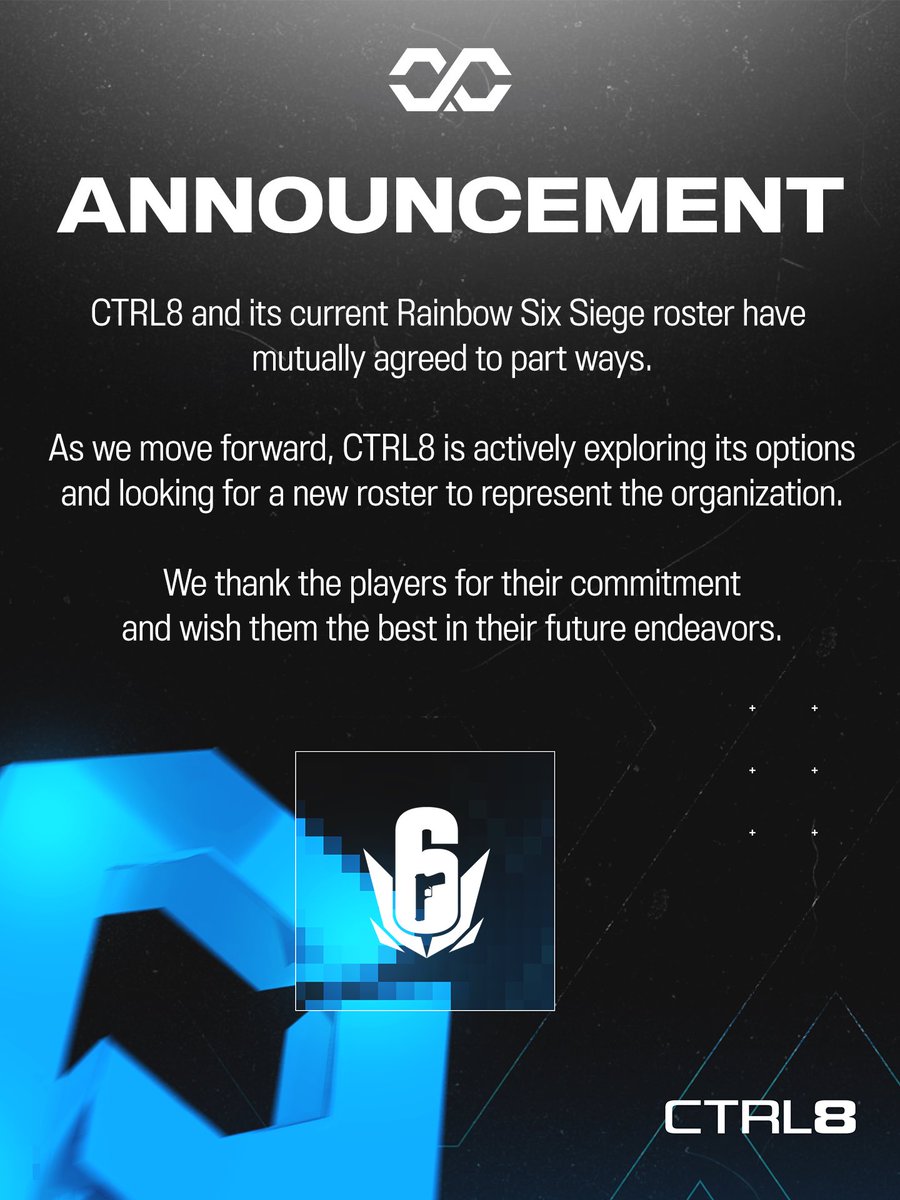 CTRL8gg's tweet photo. 🎯 ANNOUNCEMENT

CTRL8 and its current Rainbow Six Siege roster has decided to release them from the Organization so they can explore their options. 

We are proud of everything this roster has accomplished under our name and thank the players for their dedication and professionalism.

We wish the team success in the next chapter of their journey! 

#WeTakeCTRL