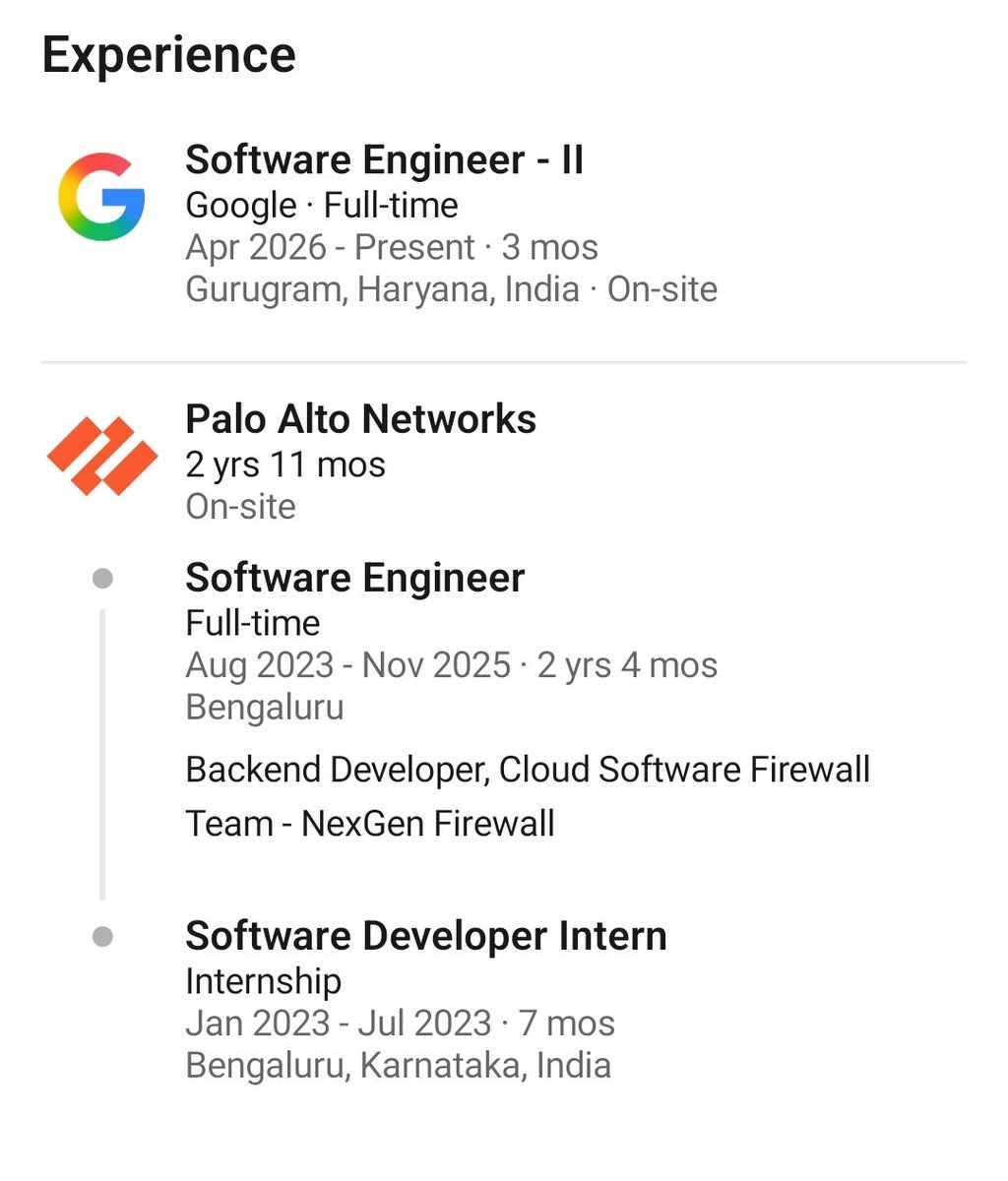 Surendar__05's tweet photo. - Meet Priyanka Giri
- Software Engineer II at Google
- Grew up in India with big dreams of working at a global technology company
- Came from a non-traditional path compared to many Big Tech success stories
- Faced multiple rejections while pursuing her dream
- Watched opportunities slip away despite months of preparation
- Battled self-doubt and uncertainty along the way
- Refused to let rejection define her future
- Continued improving her problem-solving and software engineering skills
- Spent countless hours learning, practicing, and preparing for interviews
- Focused on consistency when results were not visible
- While many people stop after a few setbacks...
- She kept going
- Continued applying despite hearing "no" multiple times
- Turned every rejection into a learning opportunity
- Started her professional journey as a Software Developer Intern at Palo Alto Networks
- Converted her internship into a full-time Software Engineer role
- Spent nearly 3 years at Palo Alto Networks
- Worked as a Backend Developer on the Cloud Software Firewall Team (NextGen Firewall)
- Built expertise in backend systems, cloud infrastructure, and large-scale software development
- Leveraged that experience to crack one of the most competitive interviews in tech
- Eventually joined Google as a Software Engineer II
- Continues to build impactful products at one of the world's leading technology companies
- Shared her journey publicly to encourage others facing similar struggles
- Became proof that persistence can outperform self-doubt
- Continues to inspire aspiring engineers to trust the process

 From multiple rejections → Palo Alto Networks → Google Software Engineer II

FYI-https://t.co/zjSOZgDvz4