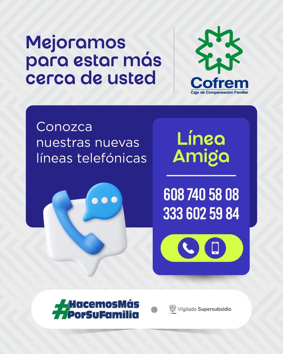 CajaCofrem's tweet photo. ¡𝐍𝐨𝐬 𝐫𝐞𝐧𝐨𝐯𝐚𝐦𝐨𝐬 𝐩𝐚𝐫𝐚 𝐞𝐬𝐭𝐚𝐫 𝐦𝐚́𝐬 𝐜𝐞𝐫𝐜𝐚 𝐝𝐞 𝐮𝐬𝐭𝐞𝐝!
En #Cofrem seguimos evolucionando para brindarle una atención más ágil, cercana y oportuna. 
- 608 740 58 08
- 333 602 59 84 https://t.co/jdopWfhWaA
