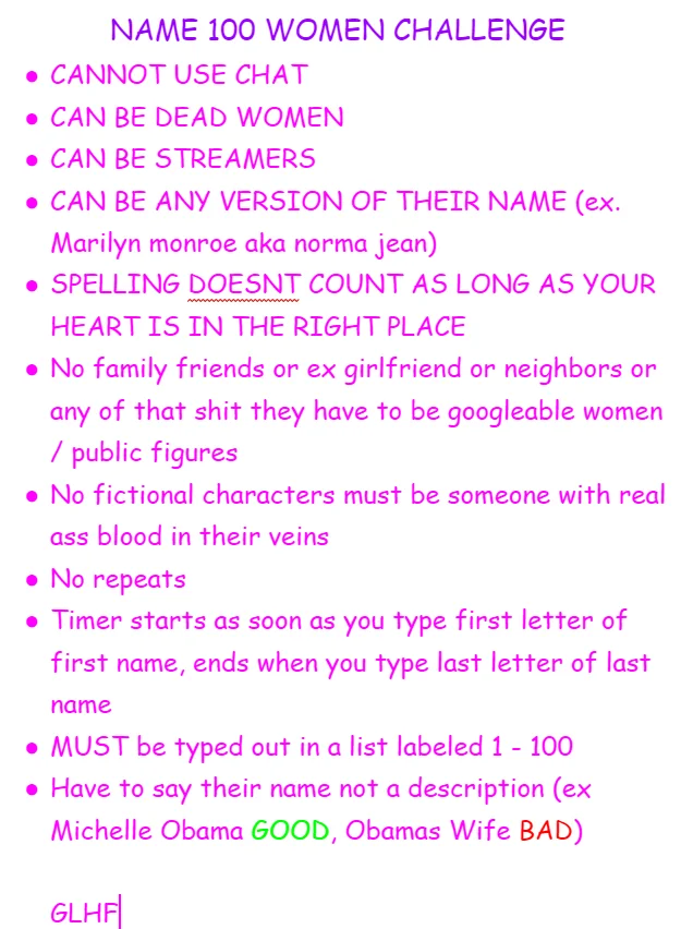katiewav's tweet photo. the twitch "name 100 women" challenge as a web game

as of now the fastest time is 6min, the slowest time is 90min

GLHF

https://t.co/QVqamSP6hY https://t.co/x72BmUJPQN