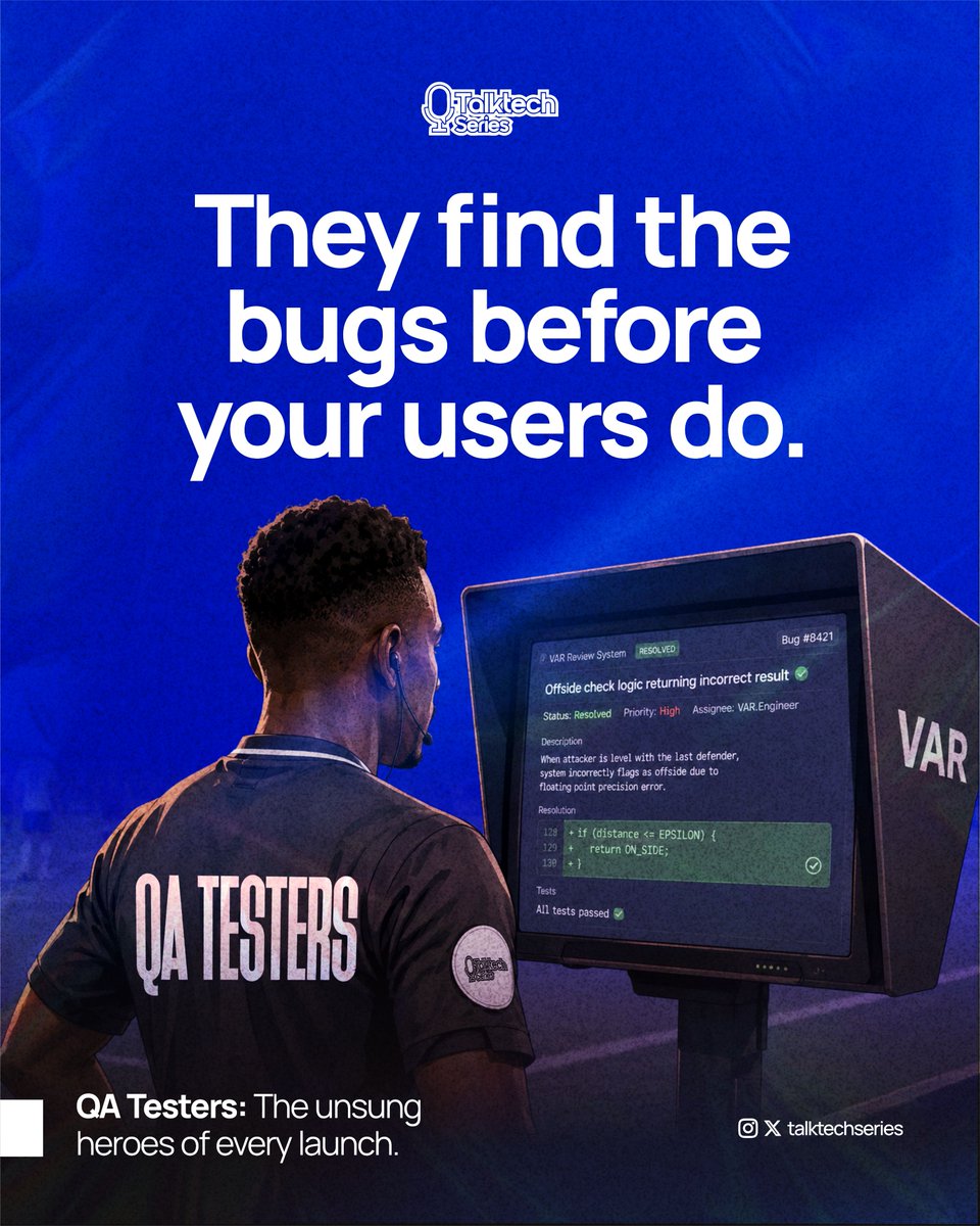 talktechseries's tweet photo. Shoutout to the QA Testers, the VAR of the tech ecosystem.
You catch the bugs before they ruin the match. 
What’s the most chaotic bug you’ve ever found right before a launch? 🐛
#TalkTechSeries
#SoftwareTesting
#QALife https://t.co/5IvK1Otymw