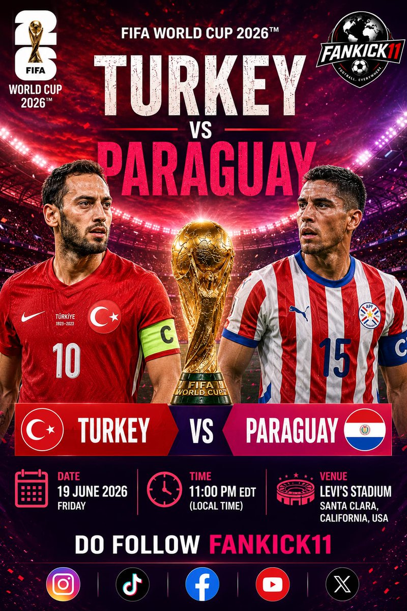 fankick11's tweet photo. 🇹🇷⚔️🇵🇾 Matchday awaits!
Turkey and Paraguay are ready to battle under the World Cup lights. Who will rise to the occasion? 🏆🔥⚽
#TurkeyVsParaguay #FIFAWorldCup2026 #FanKick11 #Matchday #Football #WorldCup2026 https://t.co/kwNaMh25oz
