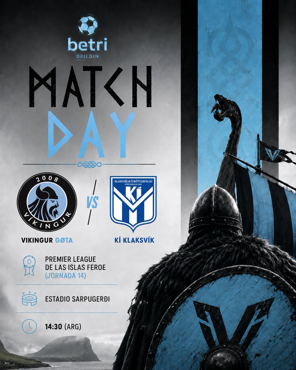 Vikingur_arg's tweet photo. ⚔ ¡𝖩𝖴𝖤𝖦𝖠 𝖤𝖫 𝖵𝖨𝖪𝖨𝖭𝖦𝖴𝖱! ⚔

🆚 @KI_Klaksvik
🏆 Betri Deildin
📌 Jornada 14
🏟 Serpugerdi Stadium
⏰ 14:30 🇦🇷

#WLYV | #VamosVikingos https://t.co/Iq7TAhiQ4G
