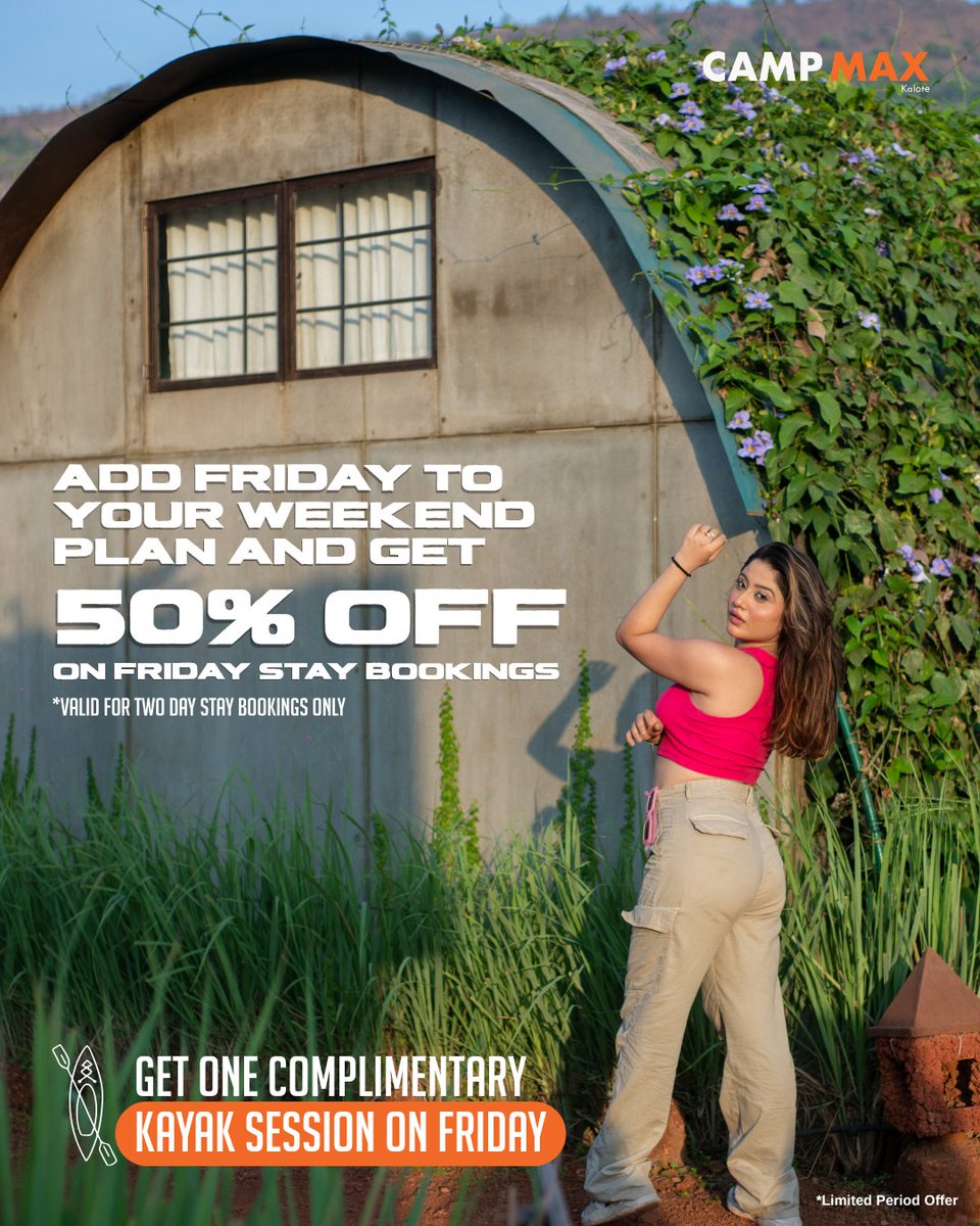 thecampmax's tweet photo. A small life upgrade:
Start your weekend on Friday. ✨
Book a Friday + Saturday stay and get 50% OFF your Friday night stay, plus a complimentary kayaking session on Friday. 🛶
Enjoy live music on both days.
#CampMax #FridayIsTheNewSaturday #WeekendGetaway #FridayOffer https://t.co/xtjA6MbM12
