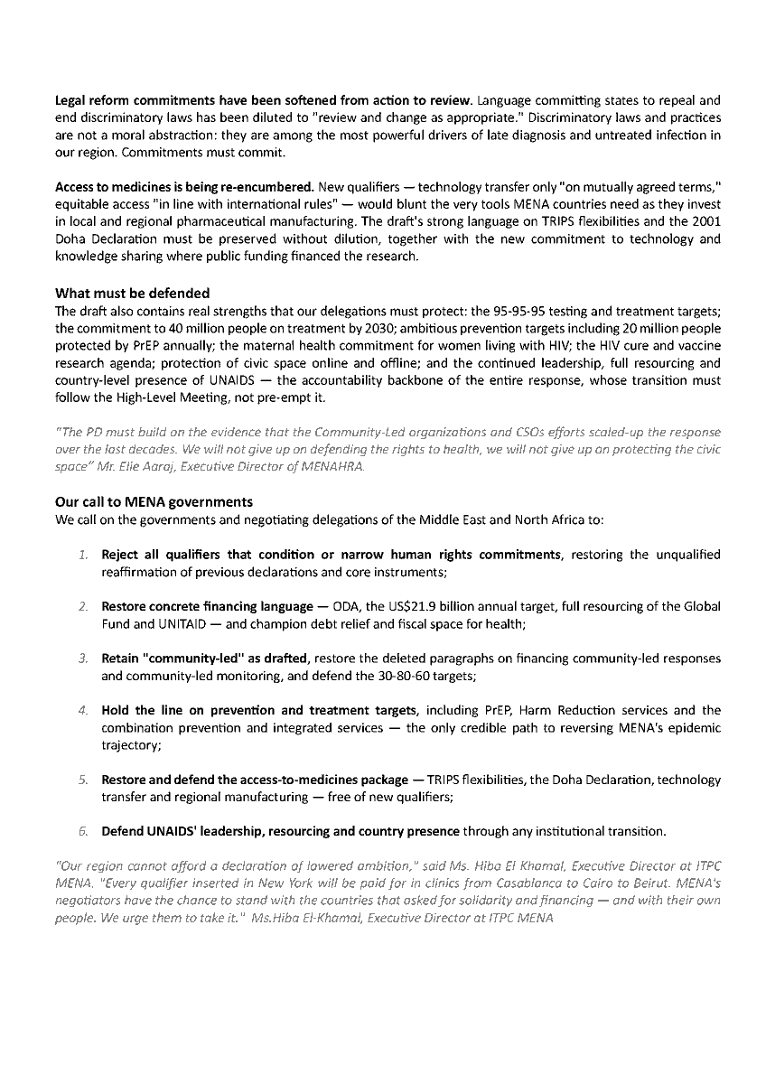 ITPCglobal's tweet photo. The draft 2026 Political Declaration is a step backwards on #HIV. Human rights, health financing, community-led responses, and access to medicines are all at risk. ITPC MENA &amp; @mena_hra  are calling on Middle East and North Africa governments to act. #GlobalHealth https://t.co/yowKPAz0Sb