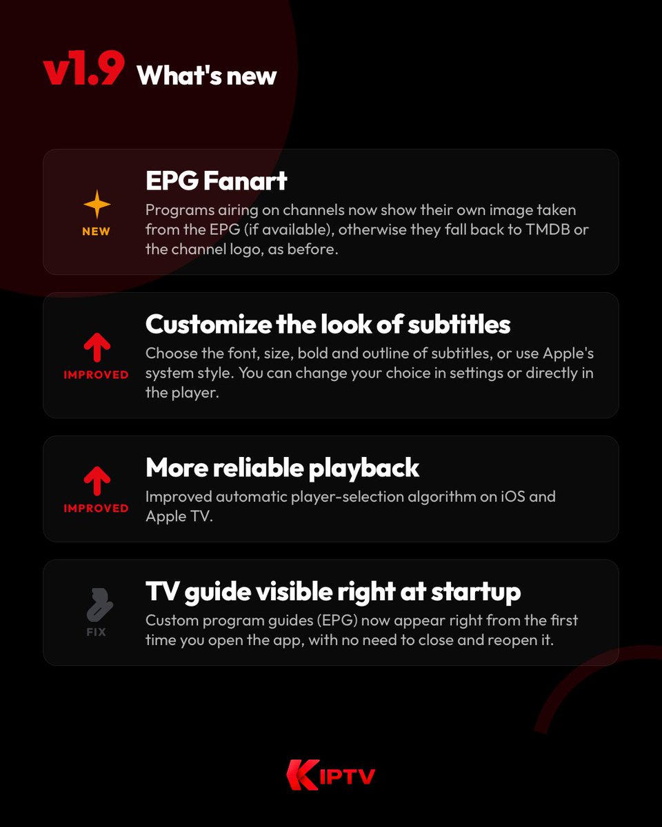 kiptvapp's tweet photo. 🚀 #KIPTV v1.9 is on the way! See what's new 👇

✨ EPG Fanart
🔺 Customize the look of subtitles
🔺 More reliable playback
🛠️ TV guide visible right at startup

💬 You come first. Your feedback shapes every release — share yours via in-app Support. https://t.co/HDta5vshDZ