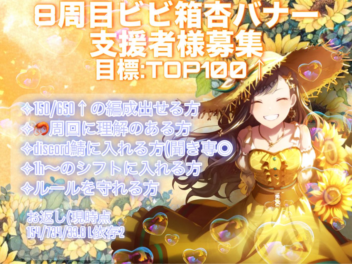 ebi_prsk0829's tweet photo. ✧*｡8周目ビビ箱杏バナー支援者様募集✧*｡

TOP100目指して走ります🍀*゜
詳細は画像・ALTにて確認をお願いいたします！
お力添えいただける方いましたらお気軽にお声掛けください⸜🙌🏻⸝

#プロセカ募集 
#プロセカお手伝いさん募集 
#プロセカ支援者様募集 https://t.co/zknDlShdju