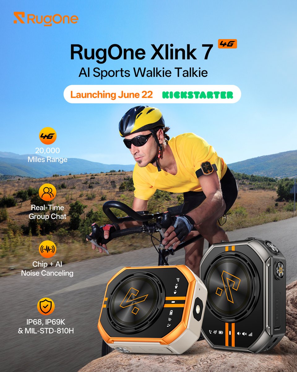 UlefoneMobile's tweet photo. Exciting news for outdoor enthusiasts! 🚴‍♂️🏞️

Our new brand @RugOneOfficial is bringing you the ultimate adventure companion. The RugOne Xlink 7 AI Sports Walkie Talkie is coming to Kickstarter on June 22! Stay connected anywhere with a 4G-powered 20,000-mile range, AI noise canceling, and military-grade durability.

Don't miss the launch deal: Super Bird Price $159.99 for a duo pack!

👉Sign up for updates: https://t.co/T1DZ6WpocT

#Ulefone #RugOne #Xlink7 #Kickstarter #OutdoorGear