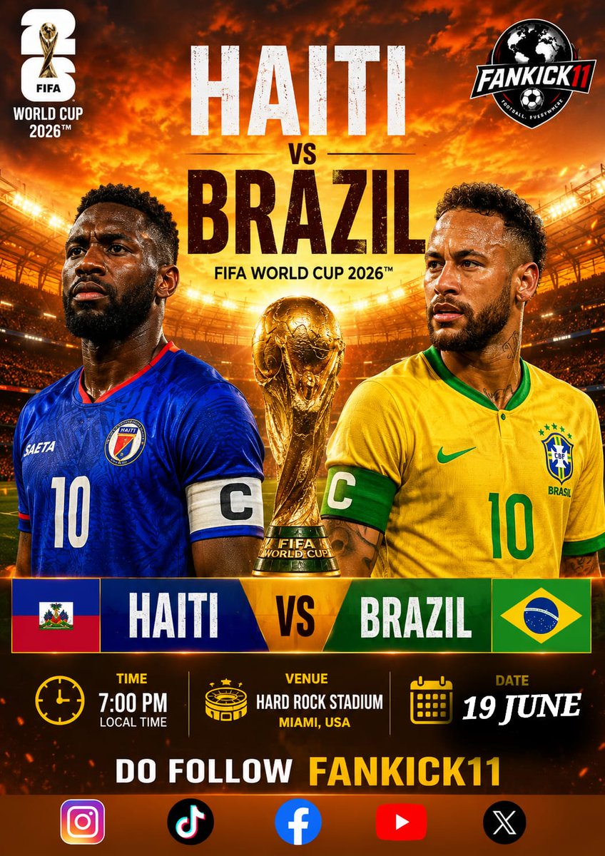 fankick11's tweet photo. 🇭🇹🔥🇧🇷 Matchday is here!
Haiti and Brazil go head-to-head in a FIFA World Cup 2026 showdown. Who are you backing to take the win? 🏆⚽
#FIFAWorldCup2026 #HaitiVsBrazil #Brazil #Haiti #FanKick11 #Football #Matchday #WorldCup2026 https://t.co/lt0nQnQc3s