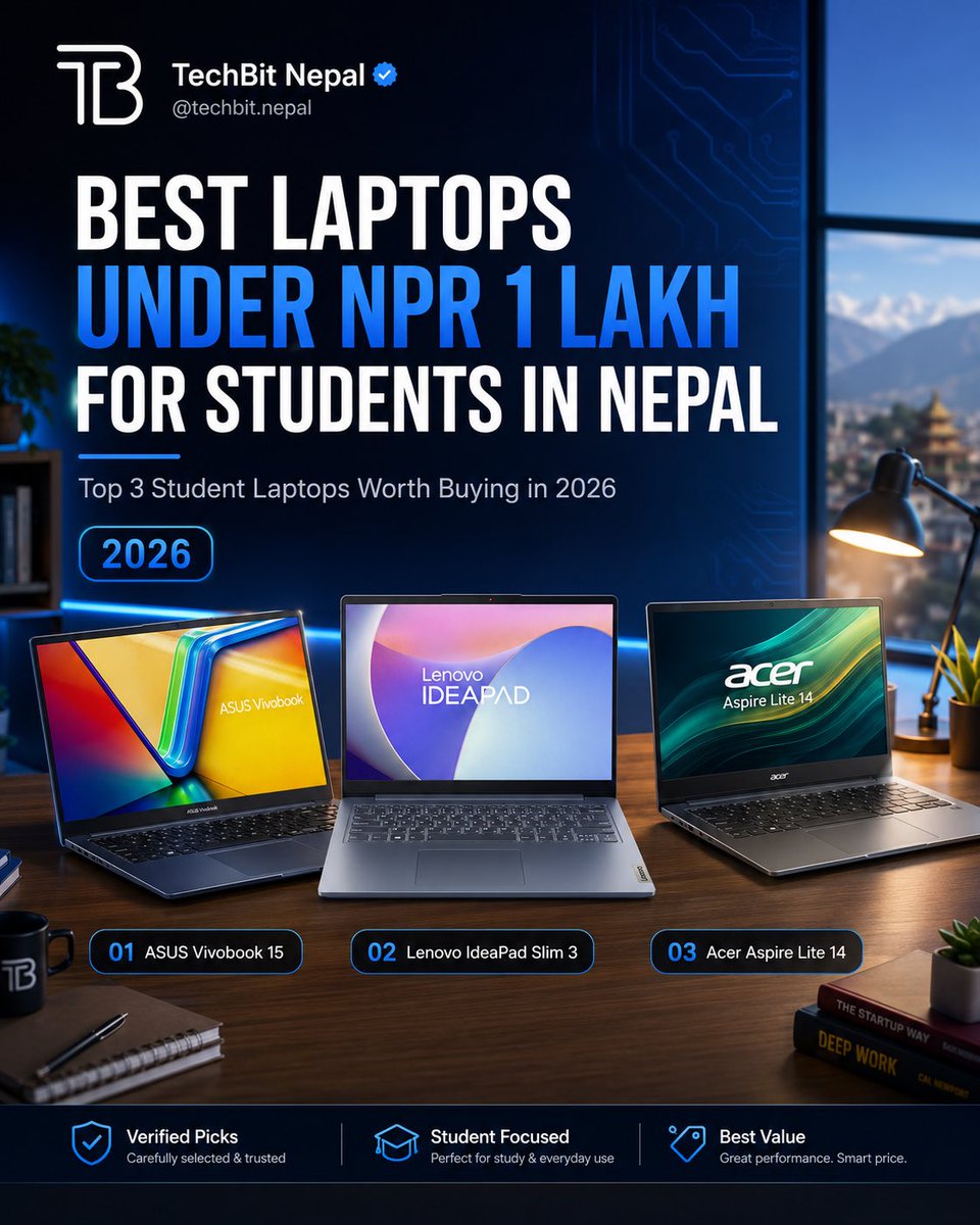 Techbit_Nepal's tweet photo. 🎓 Looking for the best student laptop under NPR 1 Lakh?

These are our top picks for students in Nepal in 2026perfect for classes, assignments, coding, content creation, and everyday productivity.
#TechBitNepal #LaptopNepal #TechNepal #nepaltech #StudentLaptop https://t.co/jYsO6noPo8