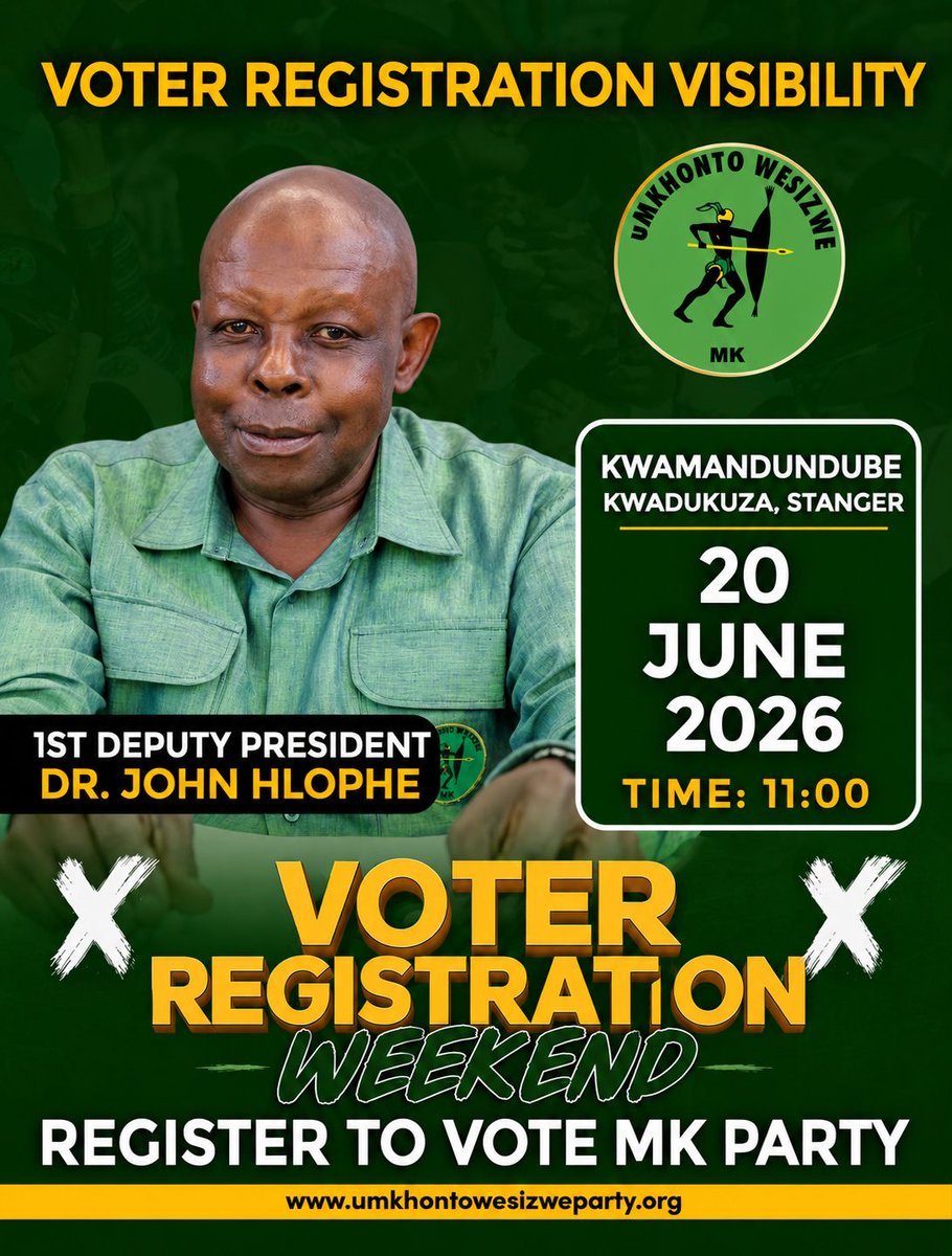 MkhontoweSizwex's tweet photo. Join the 1st Deputy President Dr.John Hlophe for the Voter Registration Weekend and ensure your voice is heard in the upcoming Local Government Elections.
Date: 20 June 2026
Time: 11:00 PM
Venue: KwamaDundube , KwaDukuza Stranger
KwaZulu-Natal https://t.co/ZNOO6qgZBl