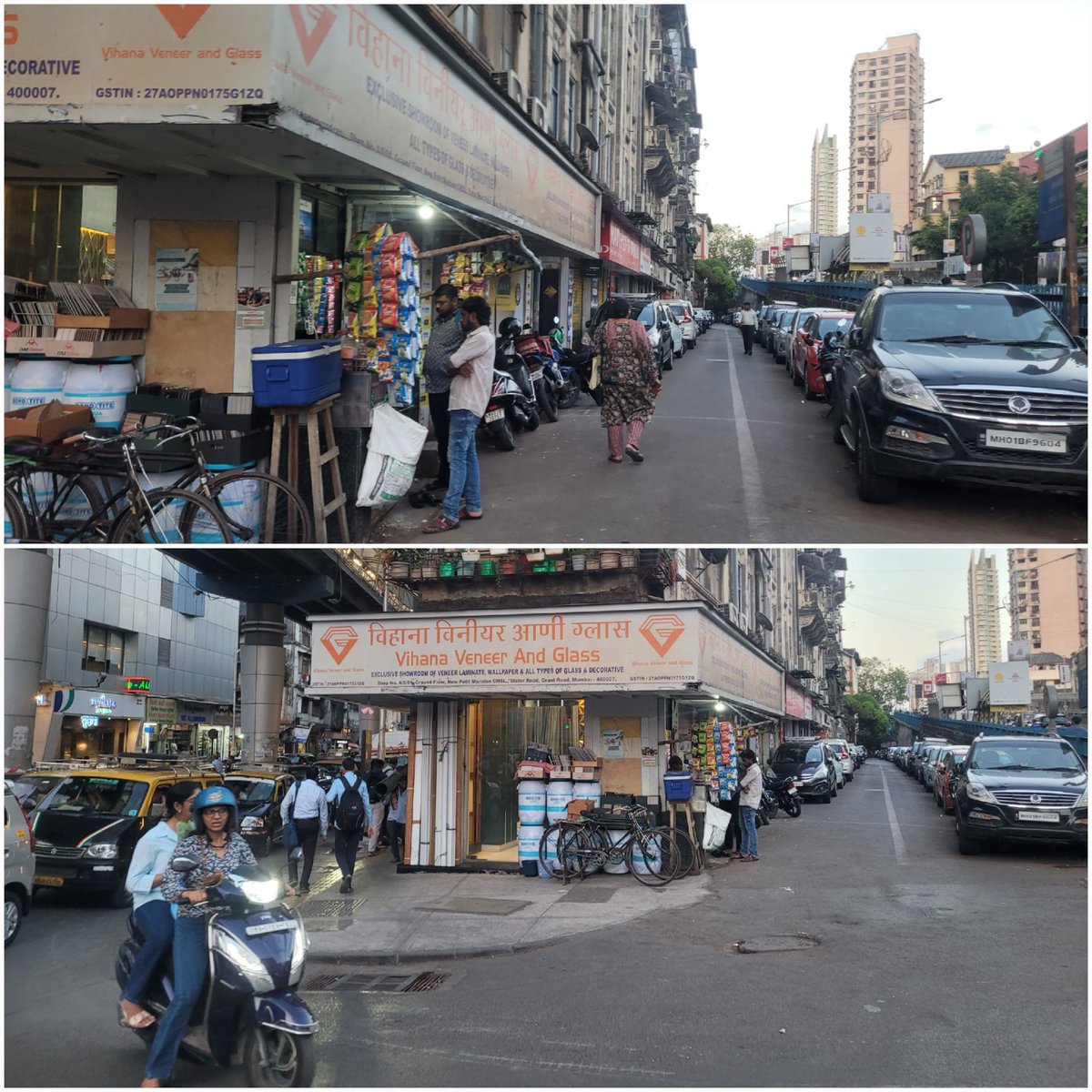 Shitytruths's tweet photo. Most of these Shops have rear Entries in lane behind below GrantRd Bridge

Yet their Tempos, Trucks, Eecos, Taxis park in Middl of Narrow Rd below Skywalk thanks to Support from @mybmcWardD &amp; Authorities

Grills put up yrs bac were not even Knee-length &amp; Rd/Footpath leveld 2day https://t.co/PO1eua0c1S