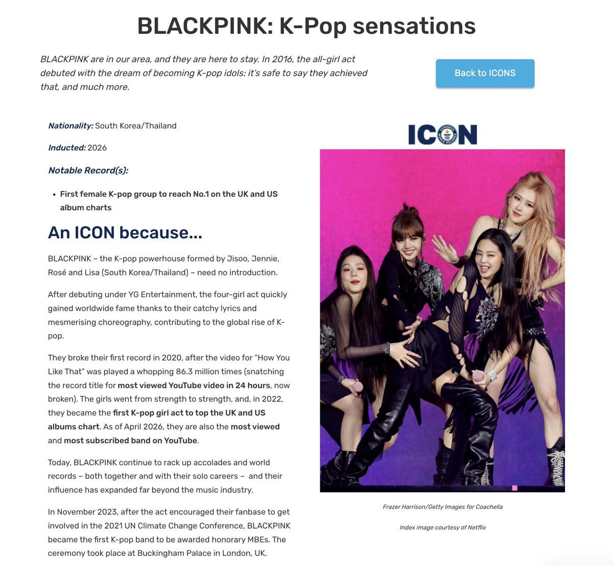 WORLDMUSICAWARD's tweet photo. #BLACKPINK are named an ICON in new Guinness World Records ‘ICONS’ 2026 edition!💪🐐👑🖤🩷
“BLACKPINK continue to rack up accolades and world records – both together and with their solo careers –  and their influence has expanded far beyond the music industry” - Guinness World Records

@BLACKPINK
