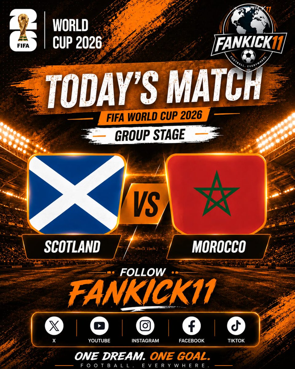 fankick11's tweet photo. 🏴 Scotland 🆚 🇲🇦 Morocco

A thrilling FIFA World Cup 2026 Group Stage battle awaits! ⚽🔥

Two determined teams. One goal. Three crucial points on the line.

Who are you supporting tonight? 👀

Follow FanKick11 for match updates, fixtures, results, and all World Cup action! 🏆 https://t.co/Z9y1DEVQft
