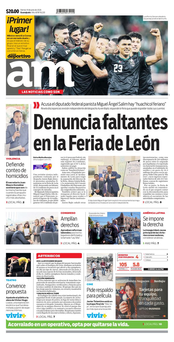 periodicoam's tweet photo. ¡Buenos días! Hoy es *viernes 19 de junio del 2026* | 📰 Comienza tu día con *Las 8AM*☀️:

1️⃣ Un leonés en el Mundial: México ganó, no convenció, pero el país festeja https://t.co/lWBvskQo7m https://t.co/oqLhLYBNxJ