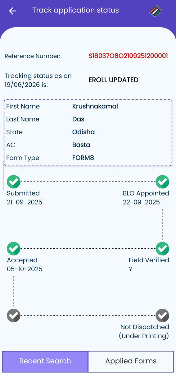 DebendraLenka5's tweet photo. "I am writing to report an issue regarding my voter card application. Although my application (Reference Number:S18037O8O2109251200001) has been accepted and updated in the  it has not yet been dispatched
@OdishaCeo 
@ECISVEEP https://t.co/CnB6VxTgkj