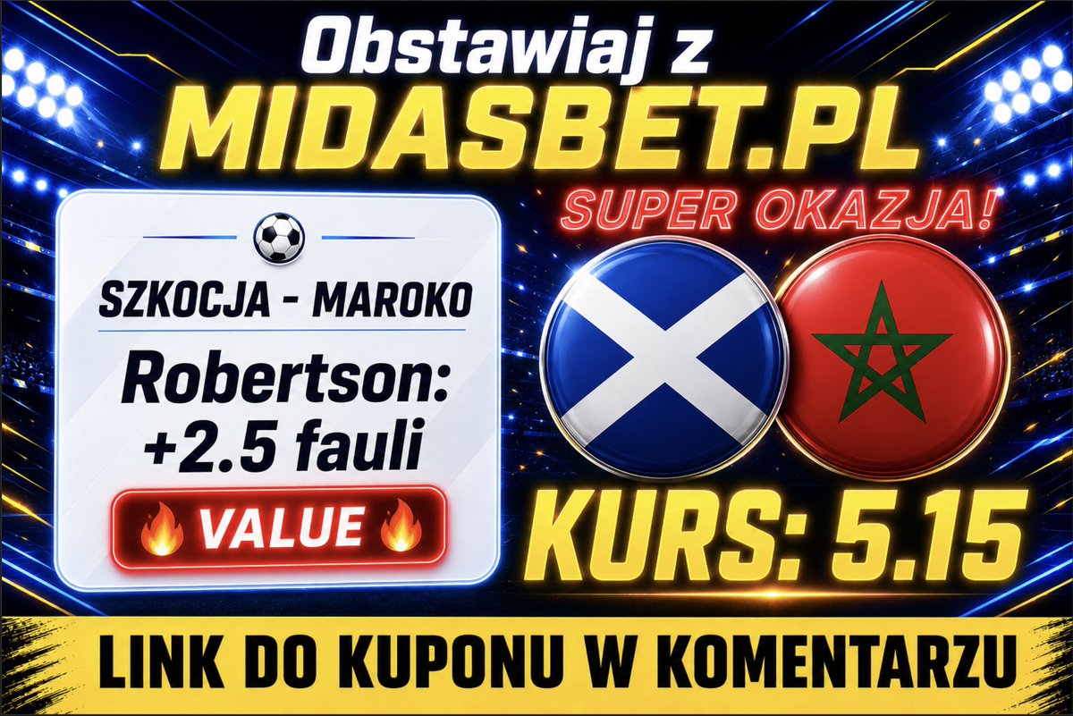midasbetpl's tweet photo. 🚨 POTĘŻNE VALUE! 🚨 Szkocja - Maroko! 📉💸
Statystyka 11/12 ostatnich meczów Maroka jest bezlitosna: gość z lewej obrony rywali MUSI faulować!
Dziś naprzeciw Hakimiego staje prawdziwy rzeźnik, który nigdy nie odstawia nogi. ⚔️🔥
#bukmacherka #typy #pewniaki #Mundial2026 https://t.co/GnFI2HHXhV