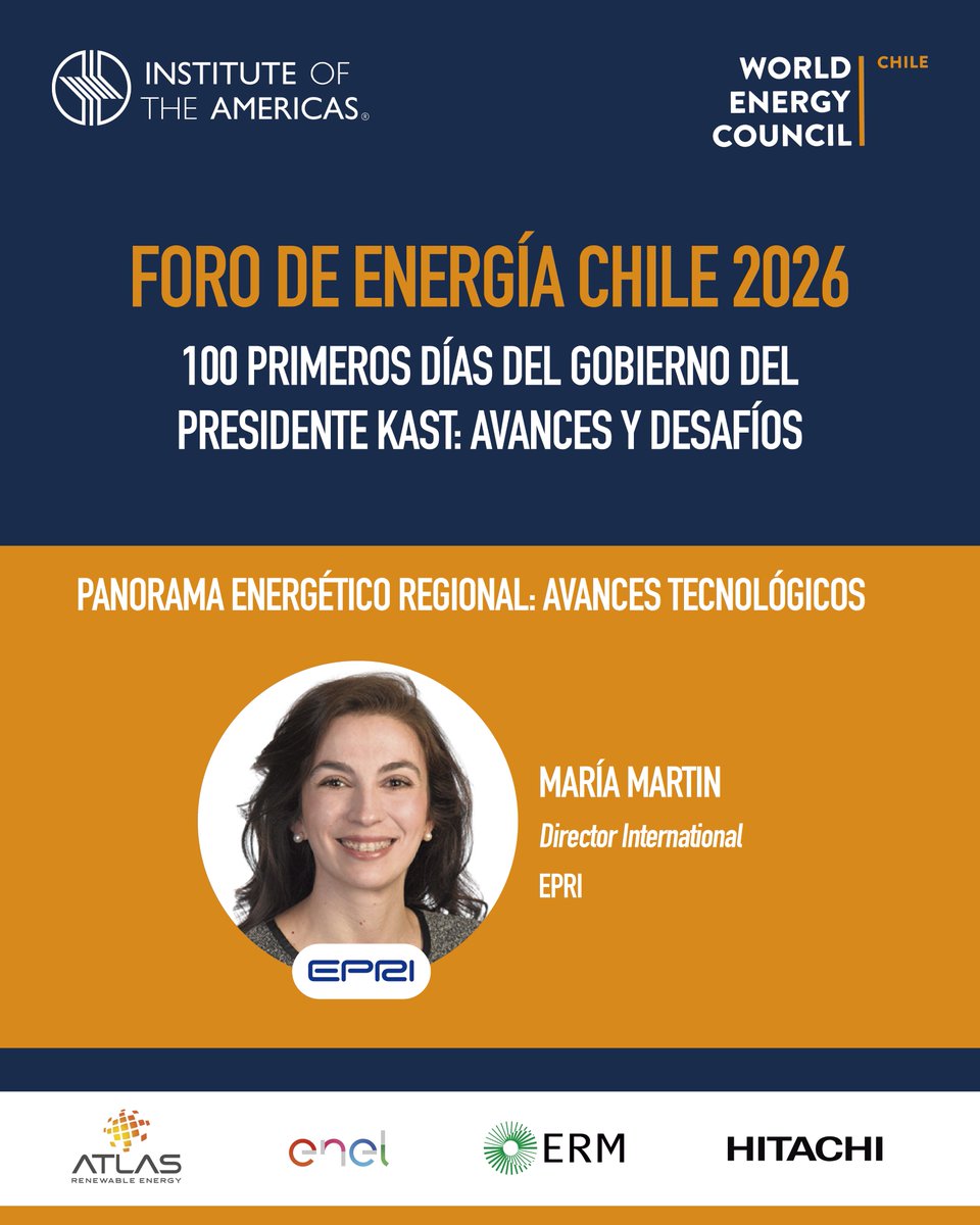 WEC_Chile's tweet photo. Nos complace anunciar la participación de María Martín, Directora de EPRI (Electric Power Research Institute), en el Foro de Energía: “100 primeros días del Gobierno del Presidente Kast: avances y desafíos”, organizado por @WEC_Chile e @IOA_Energy.

EPRI es una de las organizaciones de investigación energética más reconocidas del mundo, dedicada a generar conocimiento independiente y basado en evidencia para contribuir a un futuro energético confiable, asequible y resiliente. 

La participación de María Martin en el panel "Panorama energético regional: avances tecnológicos" aportará una perspectiva global sobre las tendencias, oportunidades y desafíos que enfrenta el sector, en un momento clave para analizar las primeras definiciones de la política energética de la nueva administración bajo el marco del World Energy Trilemma.

📅 Jueves 9 de julio
🕣 08:30 a 13:30 horas
📍 Club 50, Las Condes

Una oportunidad única para escuchar a líderes nacionales e internacionales y participar en una conversación estratégica sobre seguridad energética, sostenibilidad y equidad.

Inscríbete aquí: https://t.co/UvVbZuqoqQ

* Representantes de entidades socias de WEC Chile podrán optar a un cupo sin costo. Para solicitar este beneficio escribir a contacto@wec-chile.cl.