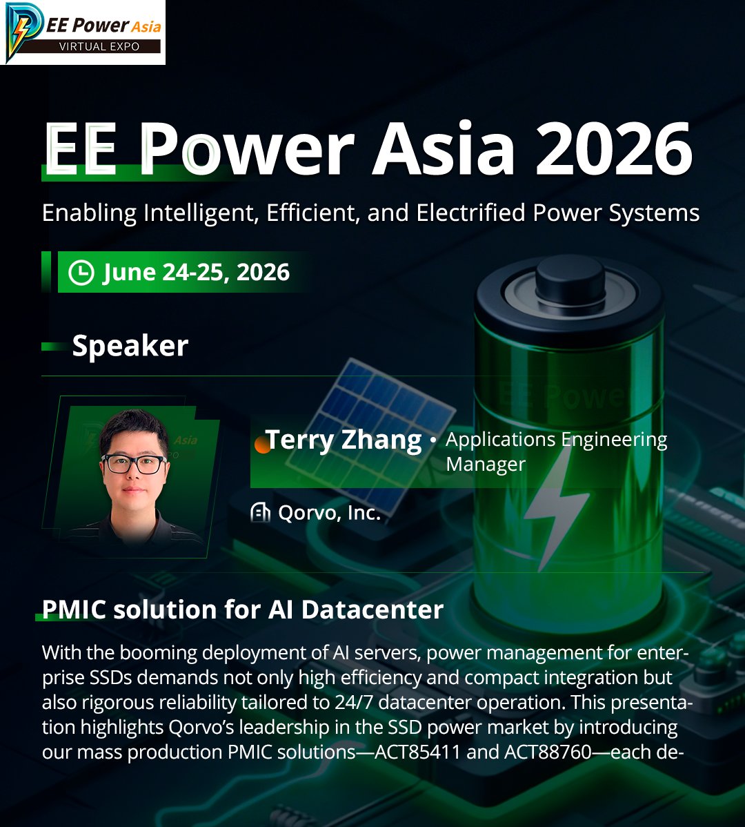 QorvoInc's tweet photo. Proud to participate in EE Power Asia for the 3rd year running! This year, we’re shifting the spotlight from SiC and motor control to the growing demands of AI datacenter power delivery. 

See the full agenda here: https://t.co/QQNmCs4nGf

#AI #Datacenter #PMIC #eSSD #EEPowerAsia https://t.co/3ZlArgspSU