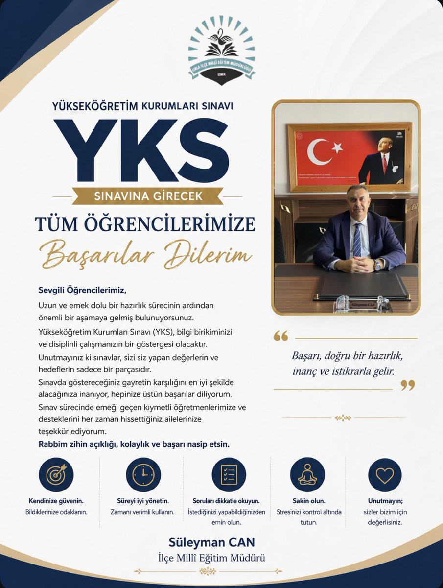 Urla_MEM's tweet photo. İlçe Milli Eğitim Müdürümüz Sayın Süleyman CAN’ın Yükseköğretim Kurumları Sınavı (YKS) Mesajı

@tcmeb @izmir_ilmem @SuleymanCan71 https://t.co/RFAsLHFUtA