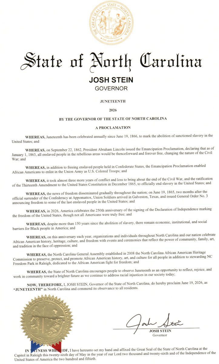 NC_Governor's tweet photo. Juneteenth celebrates freedom. It is a powerful reminder of our history, resilience, and progress, as well as our ongoing pursuit of justice. Throughout the past 250 years, the work of pushing our nation toward its founding promises falls afresh to each generation, and today that responsibility is ours.