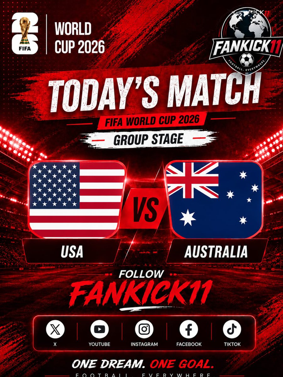 fankick11's tweet photo. 🇺🇸 USA 🆚 🇦🇺 Australia

A big clash awaits in the FIFA World Cup 2026 Group Stage! ⚽🔥

Who will take the 3 points today? 👀

Follow FanKick11 for more World Cup updates, fixtures, and results! 🏆

#USA #Australia #FIFAWorldCup2026 #WorldCup #Football #Soccer #FanKick11 https://t.co/sZwpK3VTJN