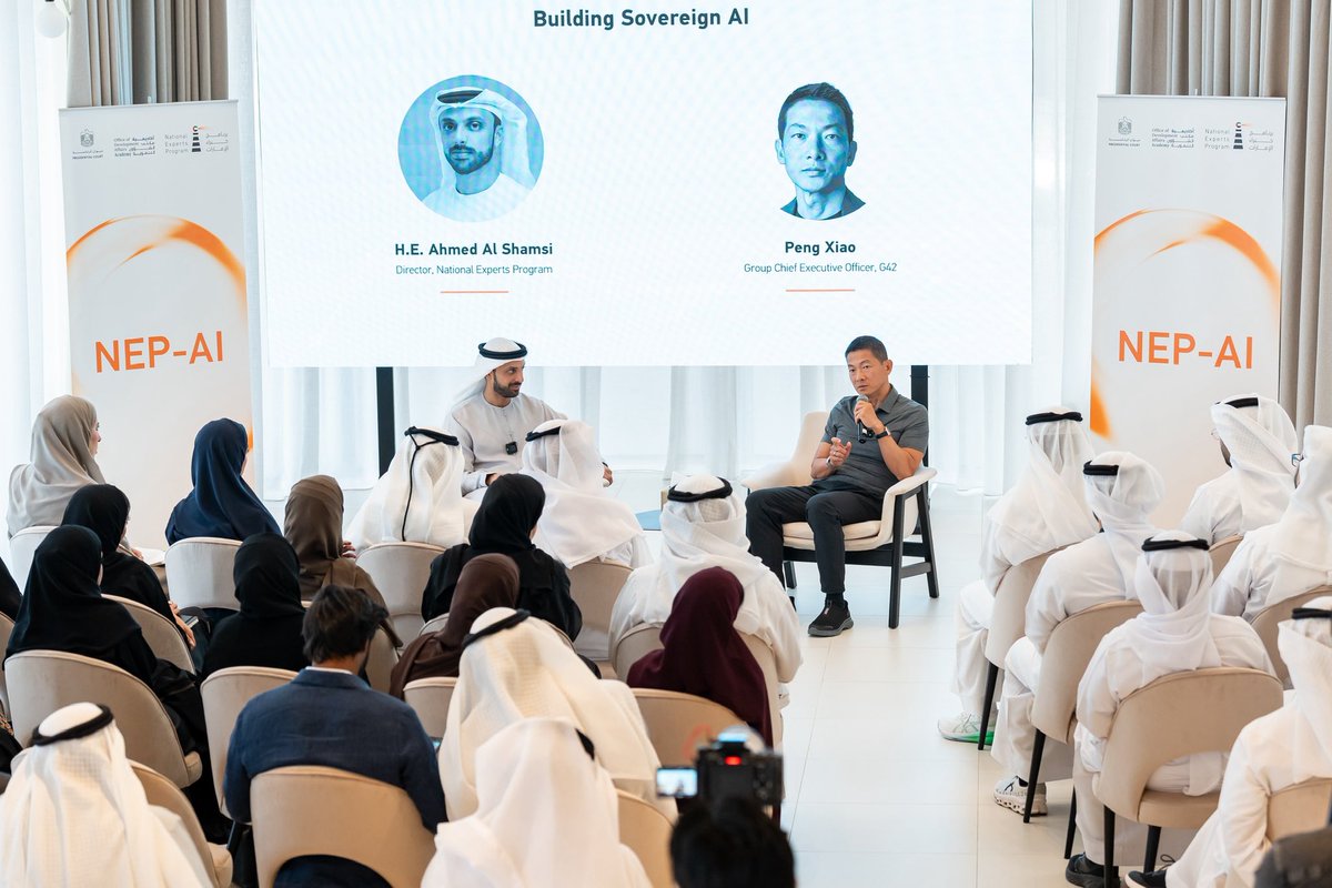 G42ai's tweet photo. Building sovereign AI starts with building the people who will lead it.
 
Our GCEO, Peng Xiao, joined H.E. Ahmed Al Shamsi, Director of the @uae_nep, for a fireside chat with the first cohort of the National Experts Program – Artificial Intelligence (NEP-AI), an initiative designed to develop the UAE’s next generation of AI leaders.
 
Through discussions on sovereign AI, infrastructure, and the evolving role of intelligence in national development, participants explored the opportunities and responsibilities that come with leading in one of the world’s most important fields.

Building AI capability is about investing in people with the skills, expertise, and perspective to help shape the future of the UAE.

#G42 #G42ai #Exponentialai #AI #ProgressContinues #Technology #DigitalTransfromation #SovereignAI