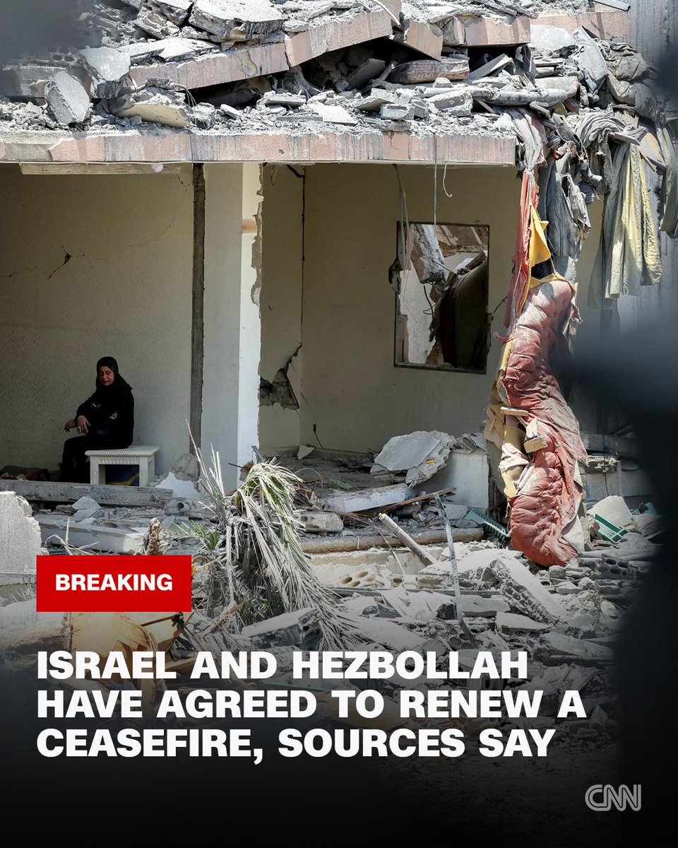 CNN's tweet photo. Israel and Hezbollah have agreed to renew a ceasefire, sources say, after fighting strained US-Iran talks. Follow live updates. https://t.co/pSuU7HBdhX https://t.co/7d7afpqLWy