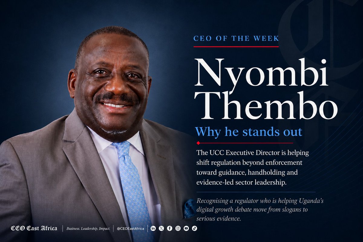 CEOEastAfrica's tweet photo. The #CEOOfTheWeek feature is a CEO East Africa Magazine initiative that recognises Ugandan leaders who are shaping markets, influencing policy, building institutions and advancing the country’s growth agenda.
This week, we recognise @UCC_ED, Executive Director of the @UCC_Official.
Under his watch, UCC has released two important studies that move Uganda’s digital transformation debate from slogans to hard numbers—covering the USD 280 million needed for broadband expansion, 1,250 new 4G sites, telecom taxation and the reforms needed to make data, smartphones and connectivity more affordable.
Nyombi stands out because modern regulation is not just about whipping the market into line. It is also about guiding, handholding, de-risking and helping the country make better decisions.
Read why he is our CEO of the Week.
https://t.co/9sY0ryUmQl