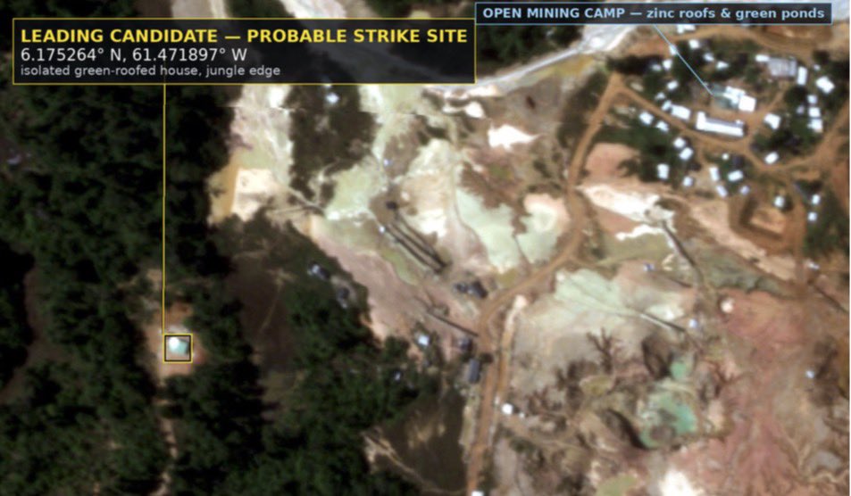 AutanaIntel's tweet photo. Tonight we publish how Autana narrowed down the likely strike site of Niño Guerrero.

In simple terms: we fused public satellite imagery, radar, video analysis, and geospatial reasoning to identify the most probable location.

We are transparent about uncertainty: this is a high-confidence analytic assessment, not absolute certainty.

We delayed publication until we had proper clearance and ensured that everything used is already public or commercially available. Nothing disclosed compromises U.S. or Venezuelan national security.

Why publish at all? Because truth matters.

Democracy weakens when everything becomes secret. Citizens deserve facts, methodology, and honesty about what we know — and what we do not.

If you check in Google Earth, it just looks like jungle as the data is old circa September 2024. We used the latest high quality imagery available for our study.