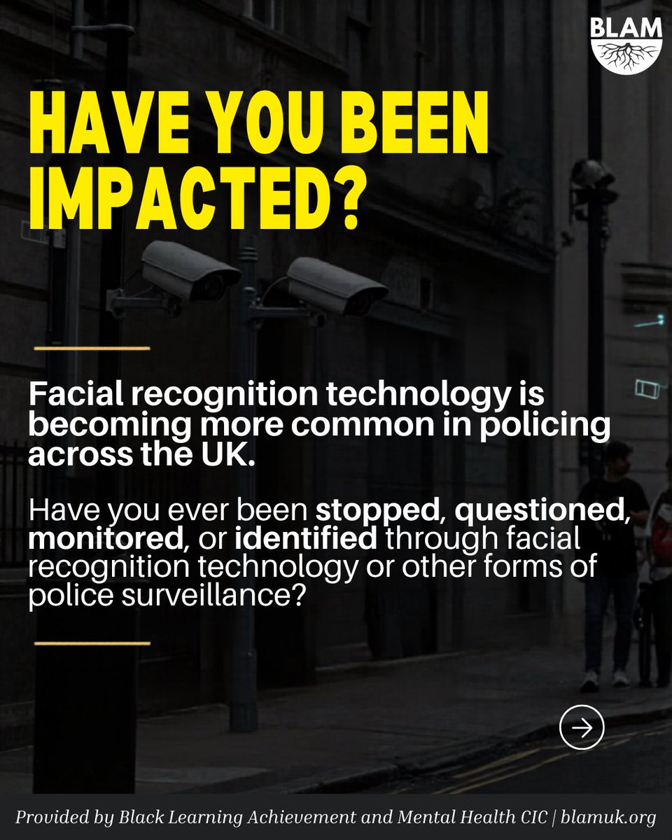 BLAMCharity's tweet photo. 🚨 HAS FACIAL RECOGNITION TARGETED YOU?

Have you been stopped, questioned, monitored, or identified through facial recognition technology or police surveillance?

We want to hear from you.

📩 ai@blamuk.org
🔗 Complete our survey via the link in our bio.

#AIAccountability https://t.co/6vSQnB57Wh