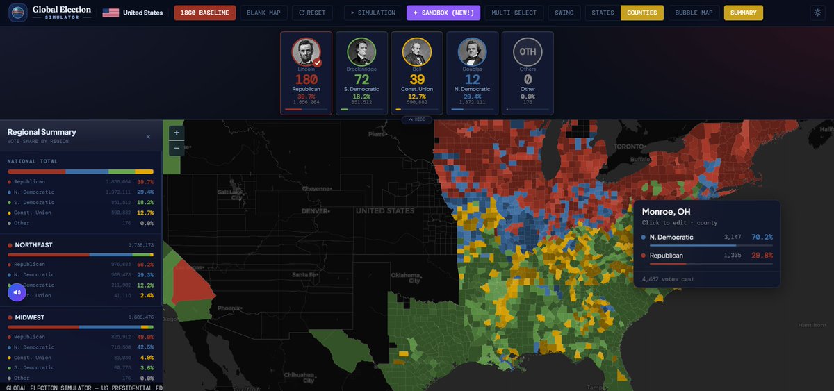 GlobalElectSim's tweet photo. 🇺🇸 1860 US Presidential Election Sandbox Simulator is LIVE!
⭐️ Try this + 70 other Fully Interactive &amp; Immersive Election Experiences! https://t.co/YN6ZQsvOck