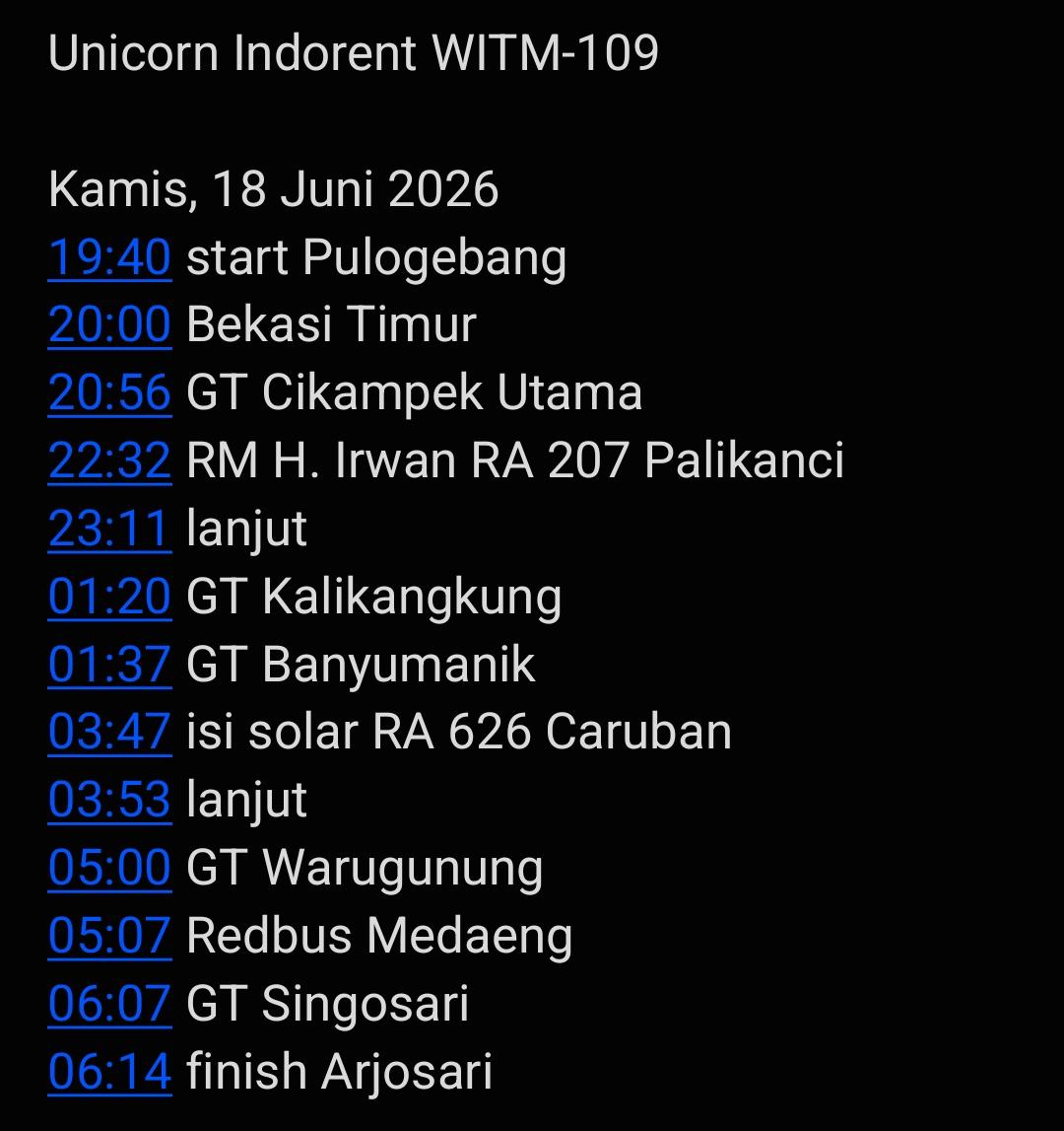 penumpangbus's tweet photo. Unicorn Indorent WITM-109
Jakarta-Sby-Malang
💰 400k (Exe)

Kamis, 18 Juni 2026
19:40 Pulogebang
05:07 Medaeng
06:14 Arjosari

Pulogebang-Medaeng 9,5 jam
Pulogebang-Arjosari 10,5 jam

Sempet 3x masuk-keluar rest area krn solar kosong atau antrian terlalu panjang

Alhamdulillah.. https://t.co/DG1Z63QLkB