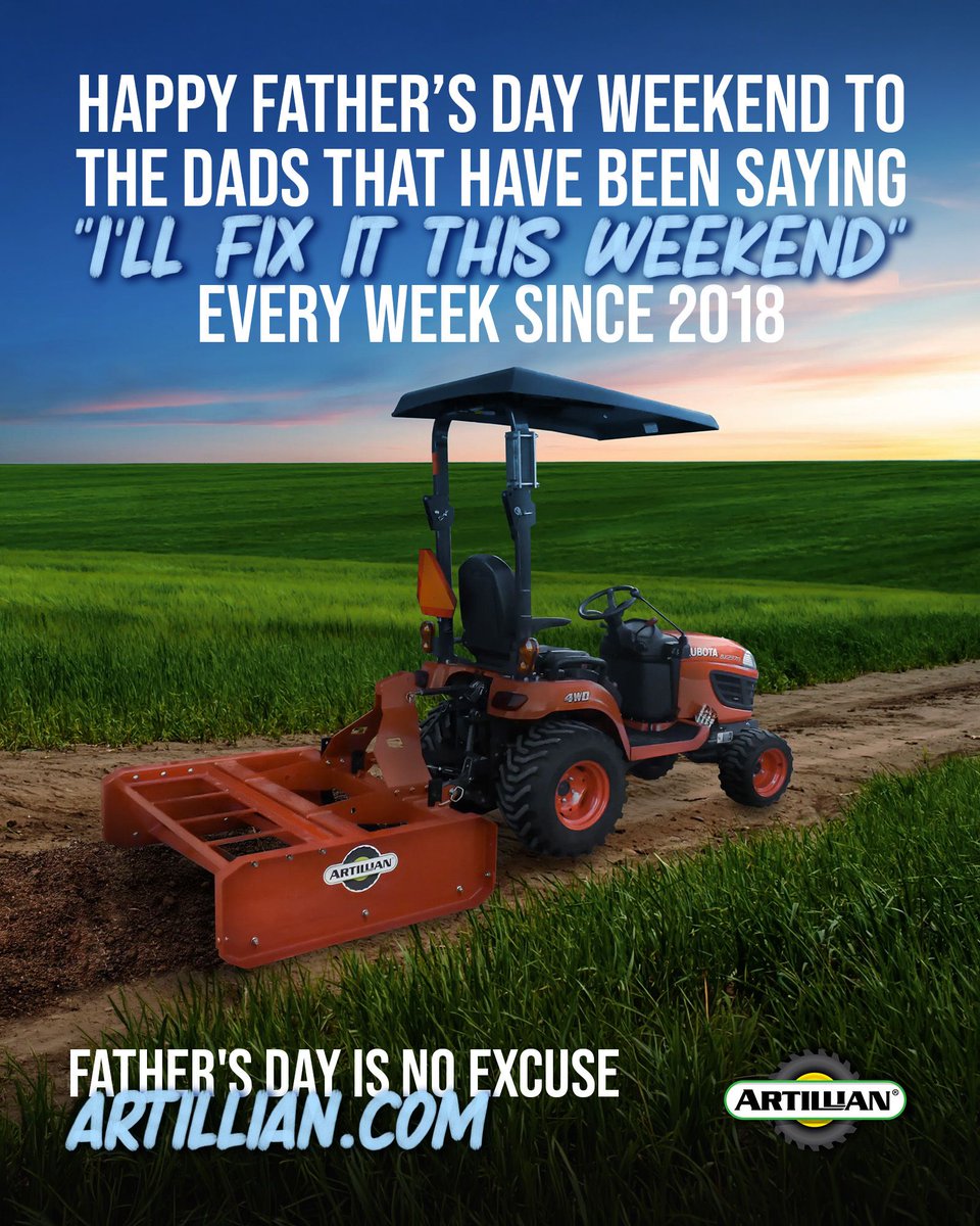 ArtillianLLC's tweet photo. Happy #FathersDay weekend to all the dads who have been saying, “I’ll deal with that #pothole later.”

Dad, later has arrived.

Make #driveway maintenance easier with the Artillian #landplane:
🔗 https://t.co/FBir8iB0yW

#Tractor #FathersDay #Kubota #JohnDeere #Artillian https://t.co/IvrcJPqe5V