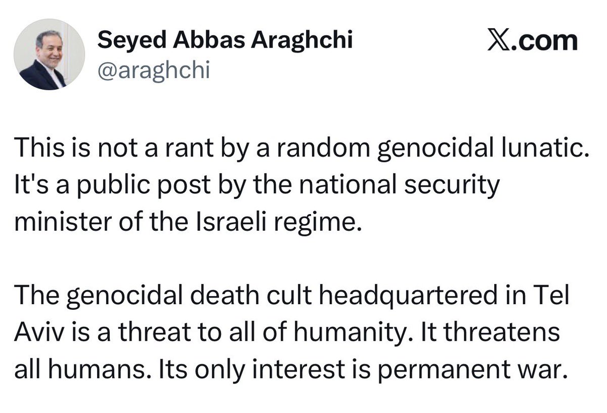RanaAyyub's tweet photo. Aragchi on Ben Gvir’s desire to burn all of Lebanon https://t.co/kWjMeClFU1