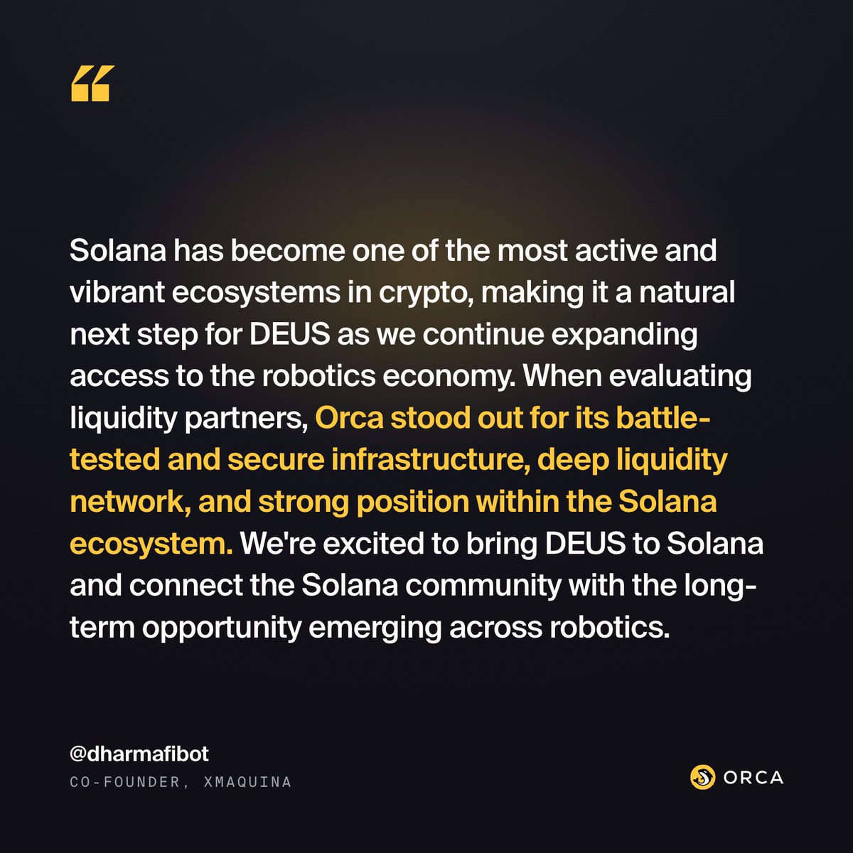 orca_so's tweet photo. For XMAQUINA, bringing DEUS to Solana meant choosing a liquidity partner, and the team pointed to Orca: https://t.co/LSwXV8WdnA