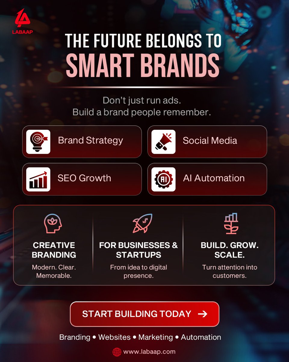 LABAAP_Official's tweet photo. The Future Belongs to Smart Brands 📷

Don't just run ads—build a brand people remember. From strategic branding and social media management to SEO growth, we help businesses create a powerful digital presence .

#Branding #DigitalMarketing #SocialMediaMarketing https://t.co/w7WqkBsk5t