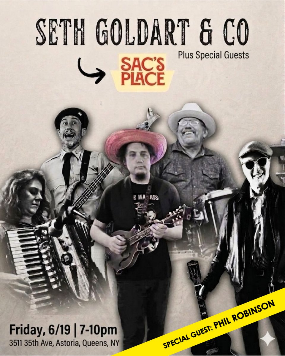 RoomfulOfSky's tweet photo. TONIGHT (Fri 6/19)!! 💥🎸
Swing on by @sacsplace for two great sets by Seth Goldart &amp; Co!! 🎉🎉

@PhilRobinsonNYC  will be a special guest in each of the two sets.

Seth Goldart &amp; Co
w/ Phil Robinson, Special Guest
Live at Sac's Place
Astoria, NY
7pm, Fri 6/19 https://t.co/uEEsfjJSfU