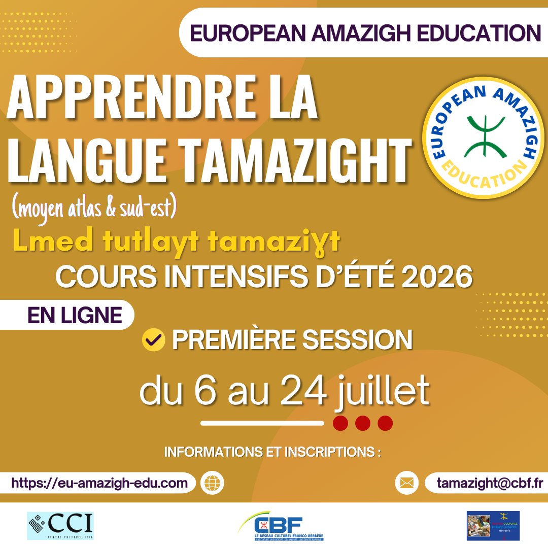CBFnationale's tweet photo. Rejoignez notre première session des cours intensifs de langue 𝐭𝐚𝐦𝐚𝐳𝐢𝐠𝐡𝐭, entièrement en ligne. Du 𝟲 au 𝟮𝟰 juillet 2026. Informations &amp; inscriptions : tamazight@cbf.fr  https://t.co/sb2MGgmXJF #tamazight #amazigh #apprentissage #coursenligne #Été2026 https://t.co/LKB2yOxY4n