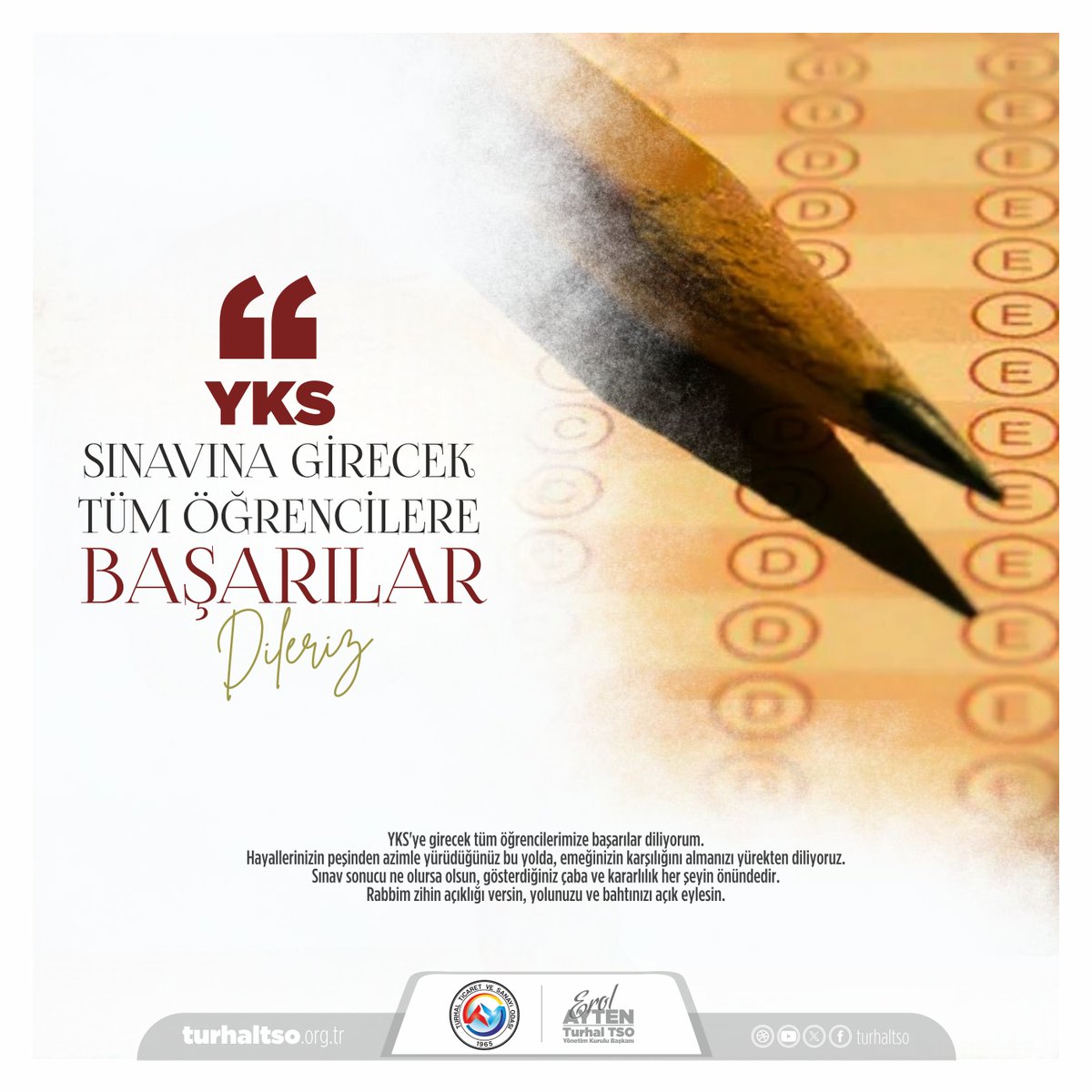ErolAyten60's tweet photo. YKS'ye girecek tüm öğrencilerimize başarılar diliyorum. 
Hayallerinizin peşinden azimle yürüdüğünüz bu yolda, emeğinizin karşılığını almanızı yürekten diliyoruz. 
Sınav sonucu ne olursa olsun, gösterdiğiniz çaba ve kararlılık her şeyin önündedir. + https://t.co/VzxLrOWYOV